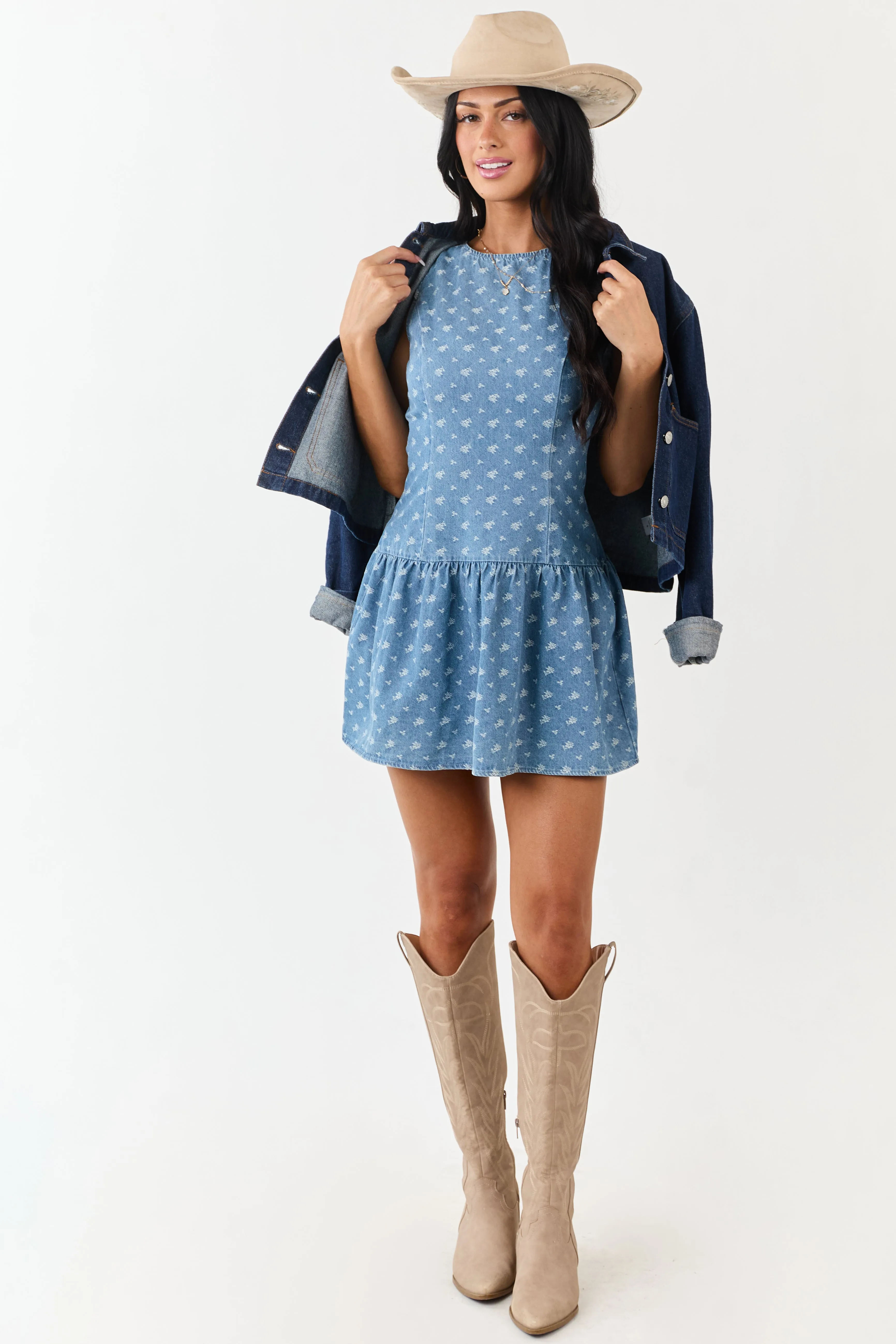 Medium Wash Denim Embroidered Mini Dress sold by Lime Lush product image thumbnail 3
