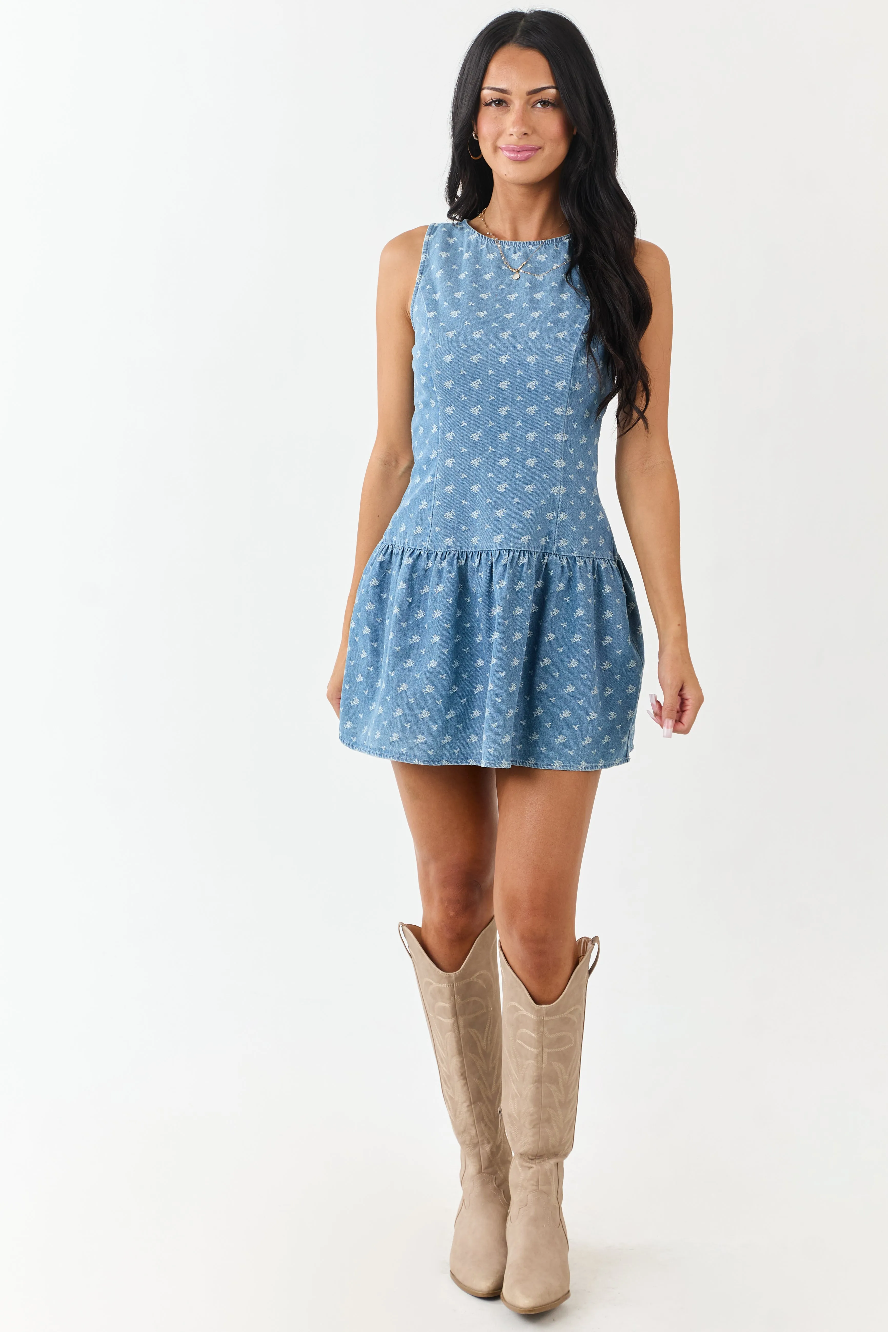 Medium Wash Denim Embroidered Mini Dress sold by Lime Lush