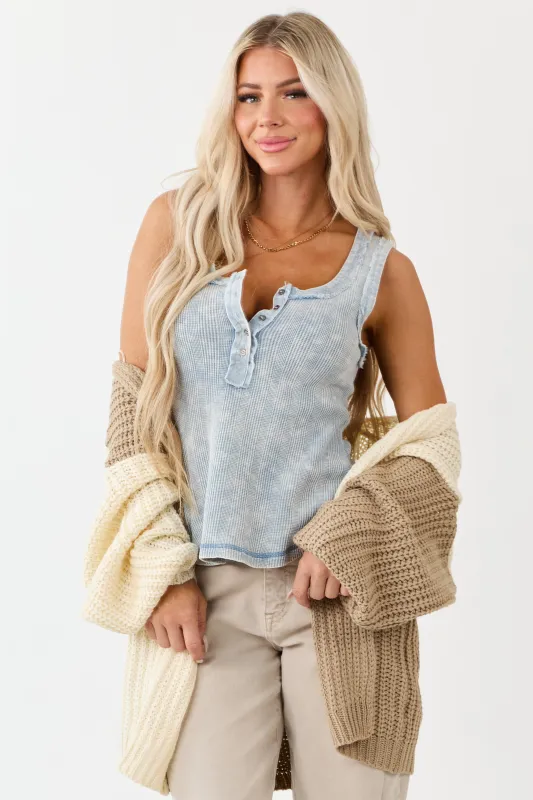 Powder Blue Washed Knit Contrast Denim Trim Tank Top sold by Lime Lush
