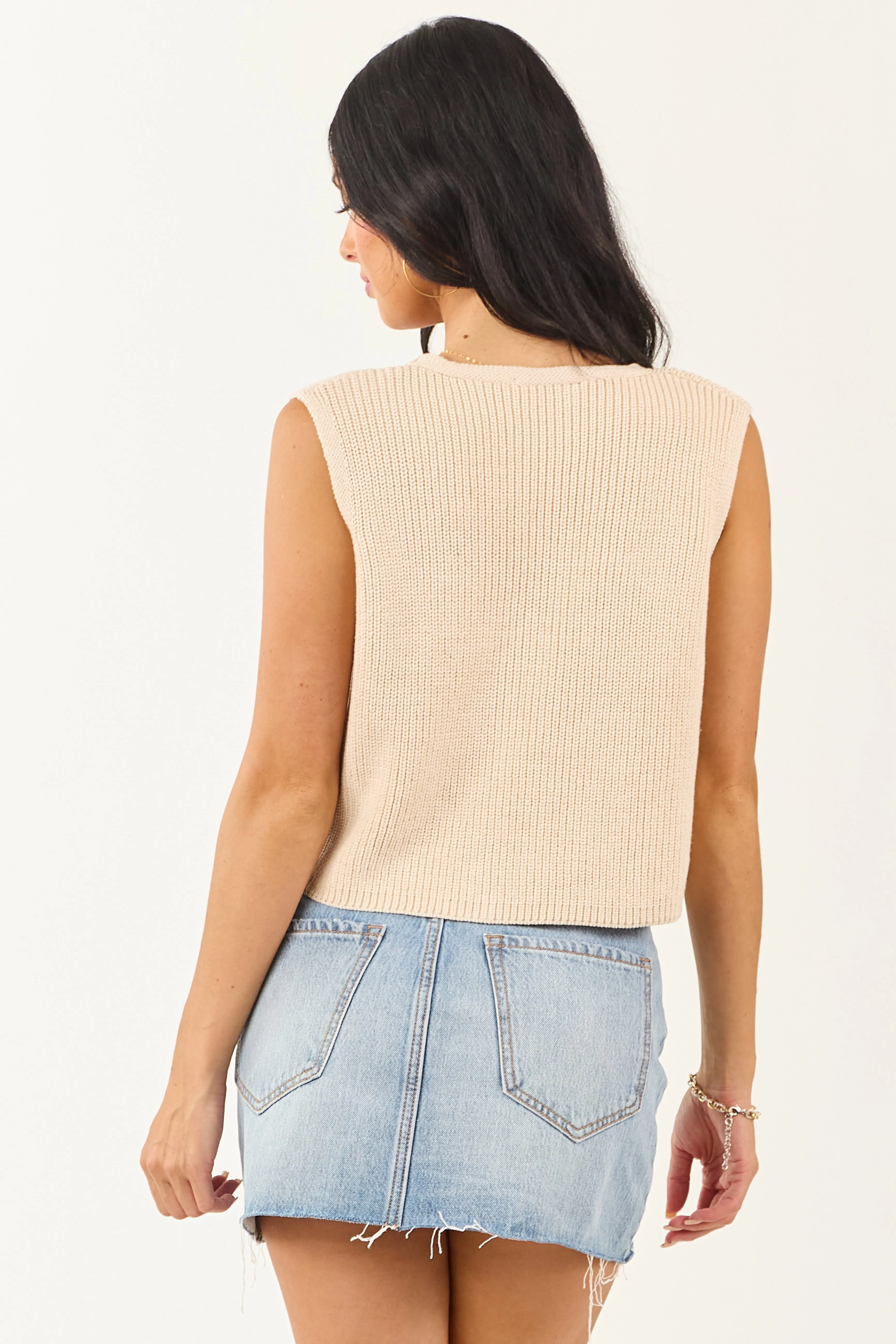 Champagne Ribbed Knit Cropped Button Up Sweater Vest sold by Lime Lush product image thumbnail 5