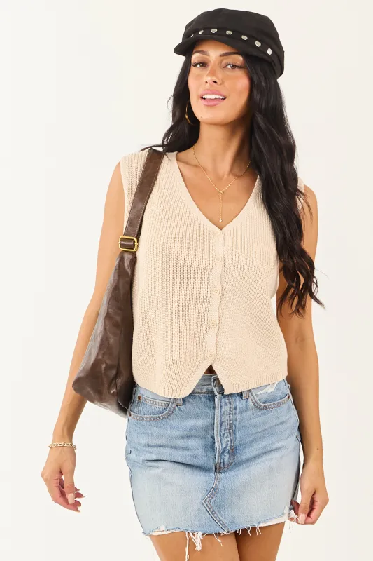 Champagne Ribbed Knit Cropped Button Up Sweater Vest sold by Lime Lush