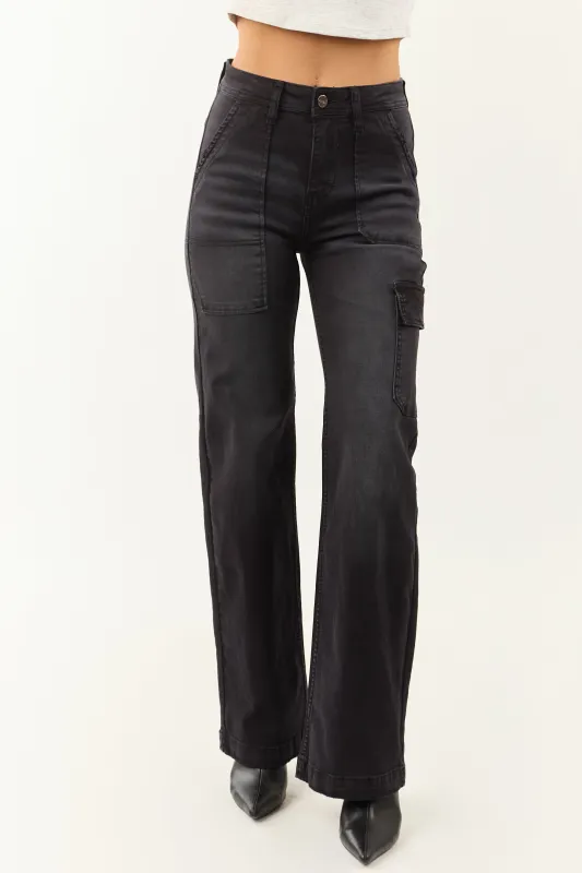 Risen Black Stretchy Wide Leg Cargo Pocket Jeans sold by Lime Lush