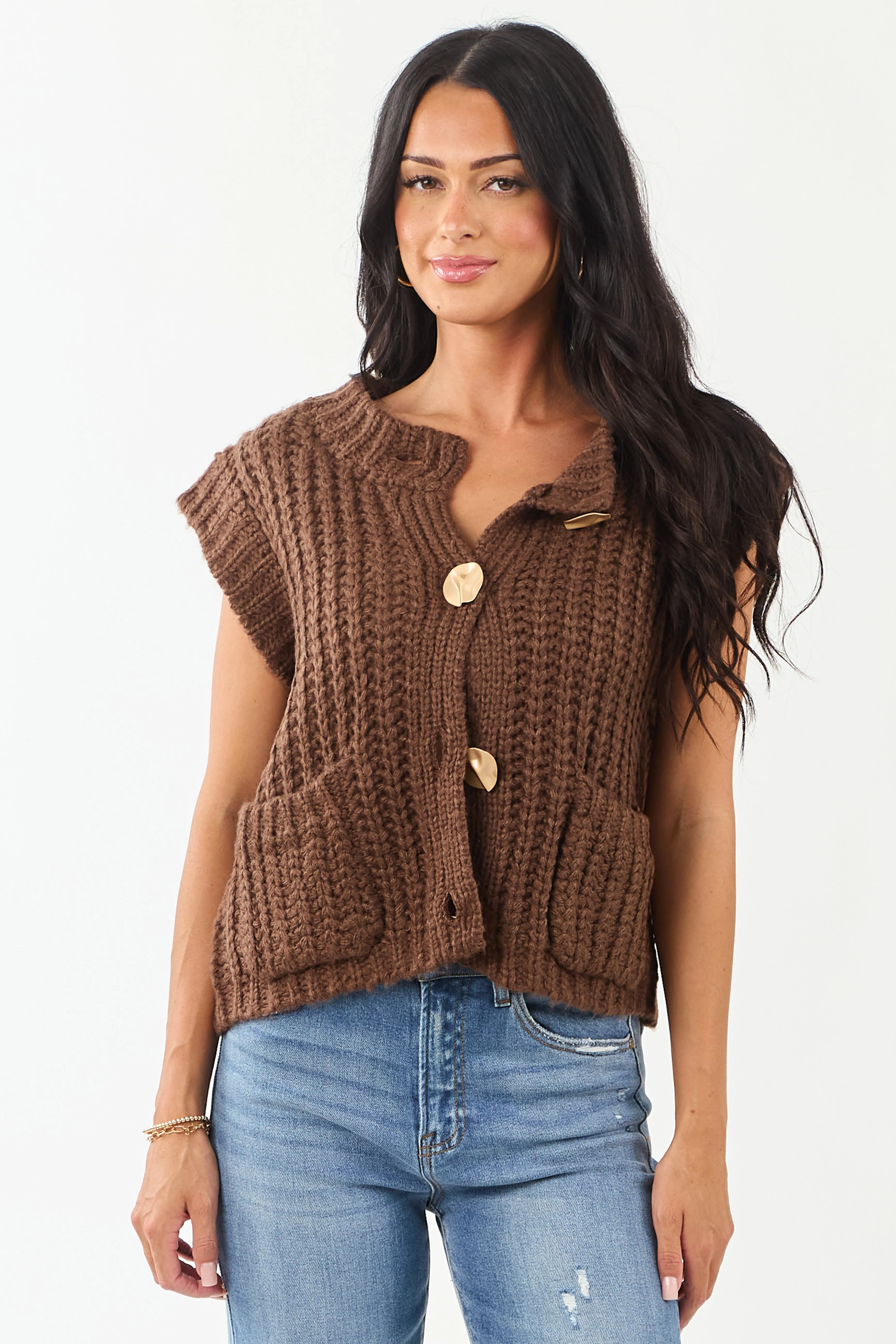 Entro Cocoa Button Down Thick Knit Sweater Vest sold by Lime Lush