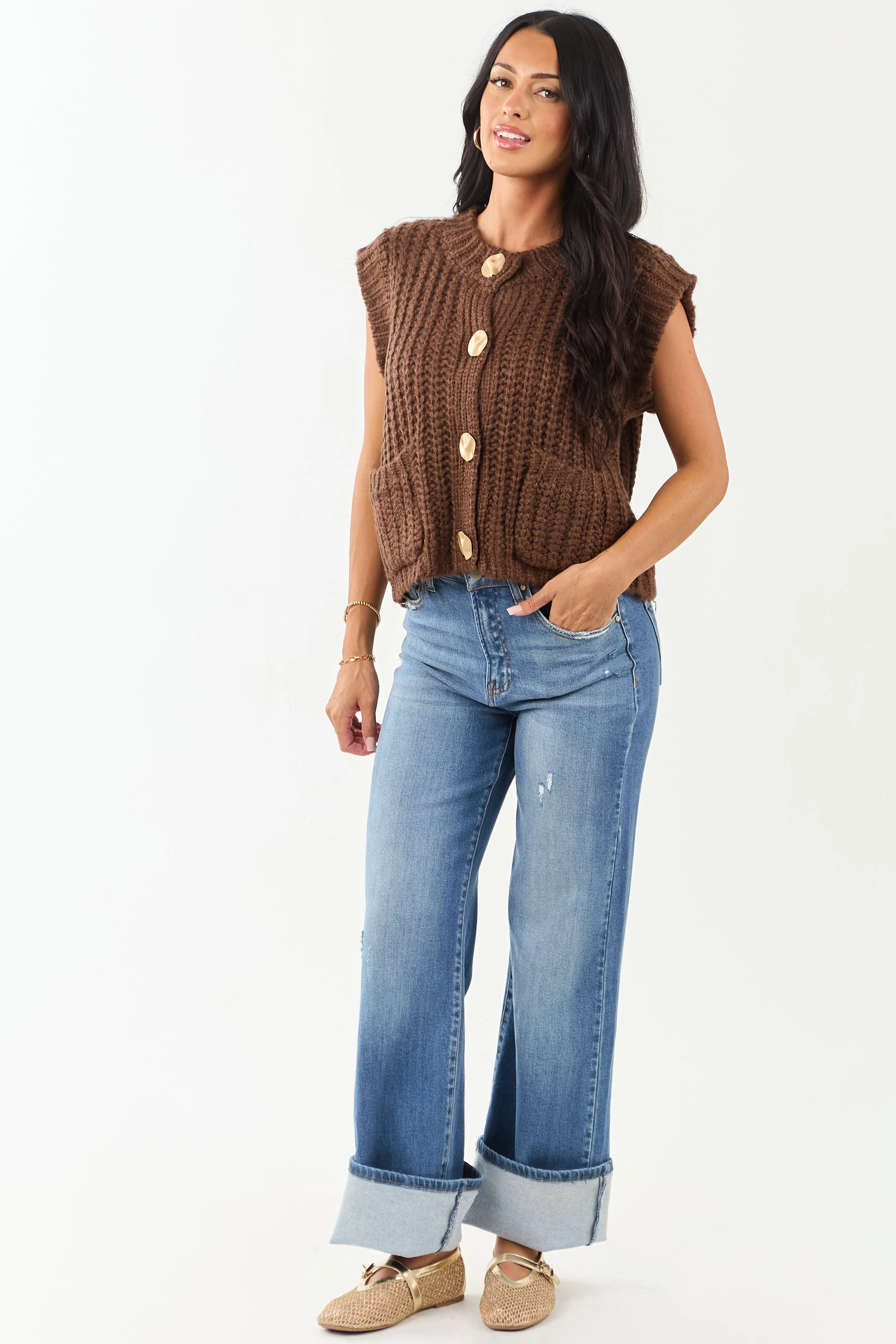 Entro Cocoa Button Down Thick Knit Sweater Vest sold by Lime Lush product image thumbnail 2