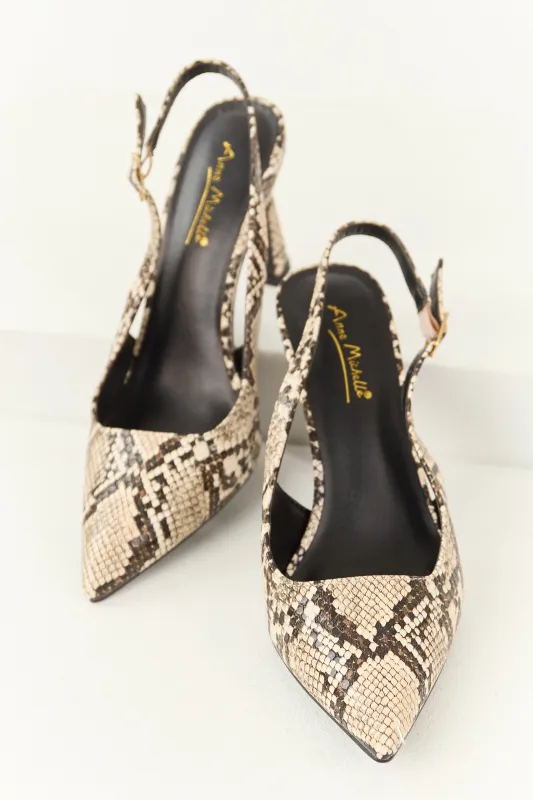 Almond Faux Snakeskin Pointed Toe Slingback Heels sold by Lime Lush