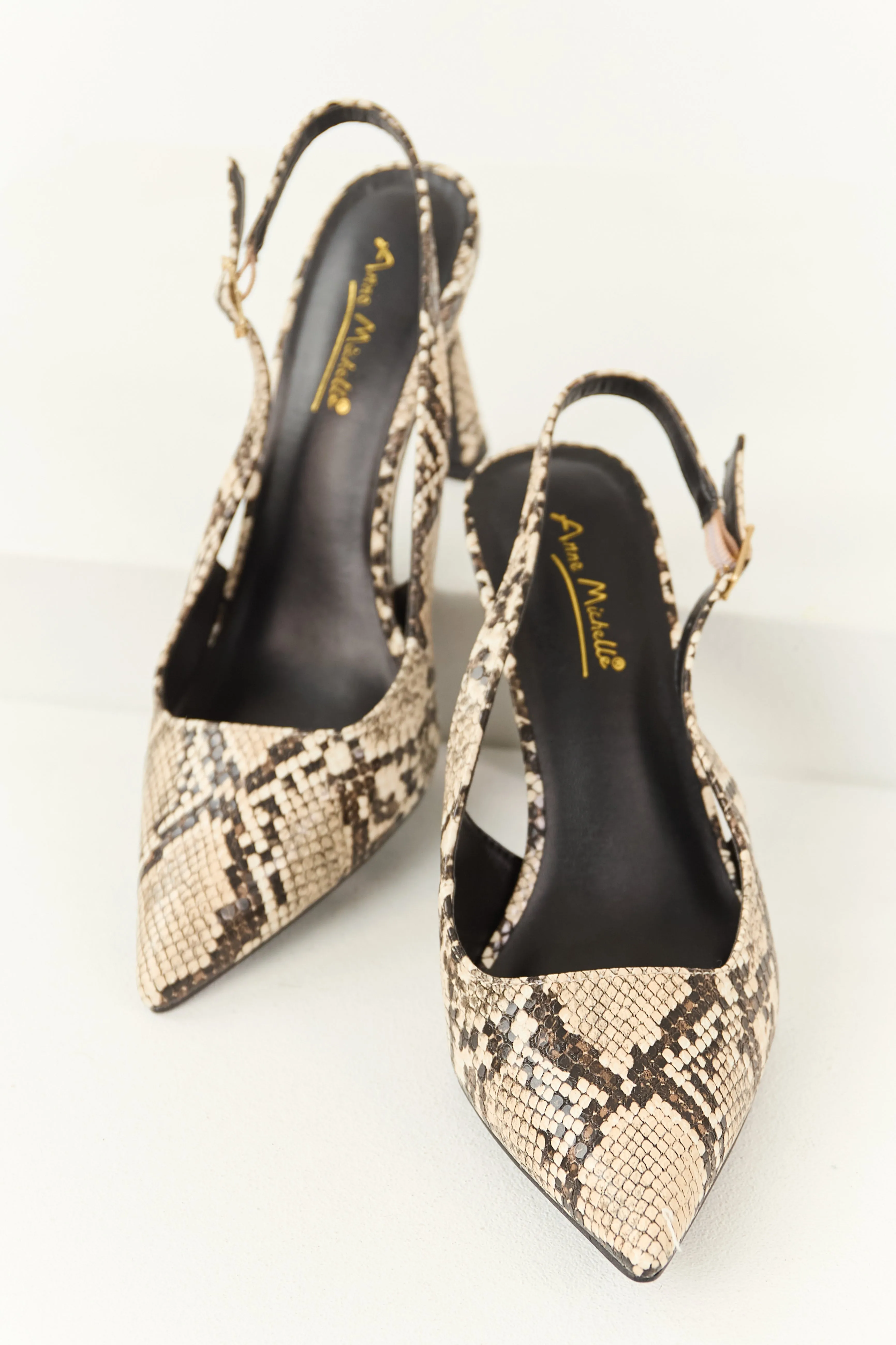 Almond Faux Snakeskin Pointed Toe Slingback Heels sold by Lime Lush