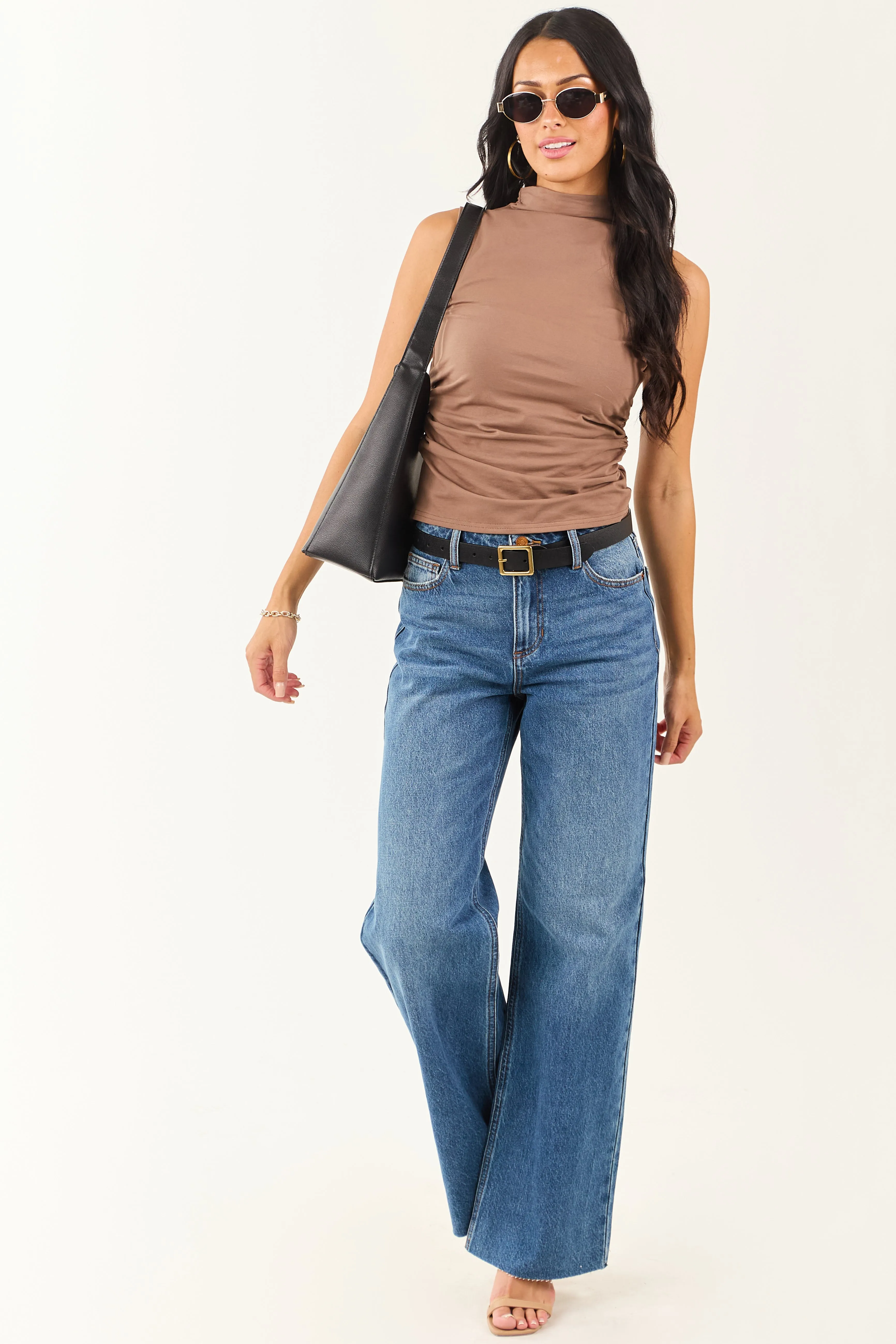 Coffee Mock Neck Ruched Knit Tank Top sold by Lime Lush product image thumbnail 2