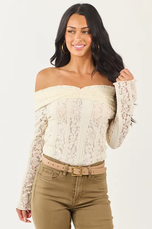 Cream Lace Off the Shoulder Long Sleeve Top sold by Lime Lush