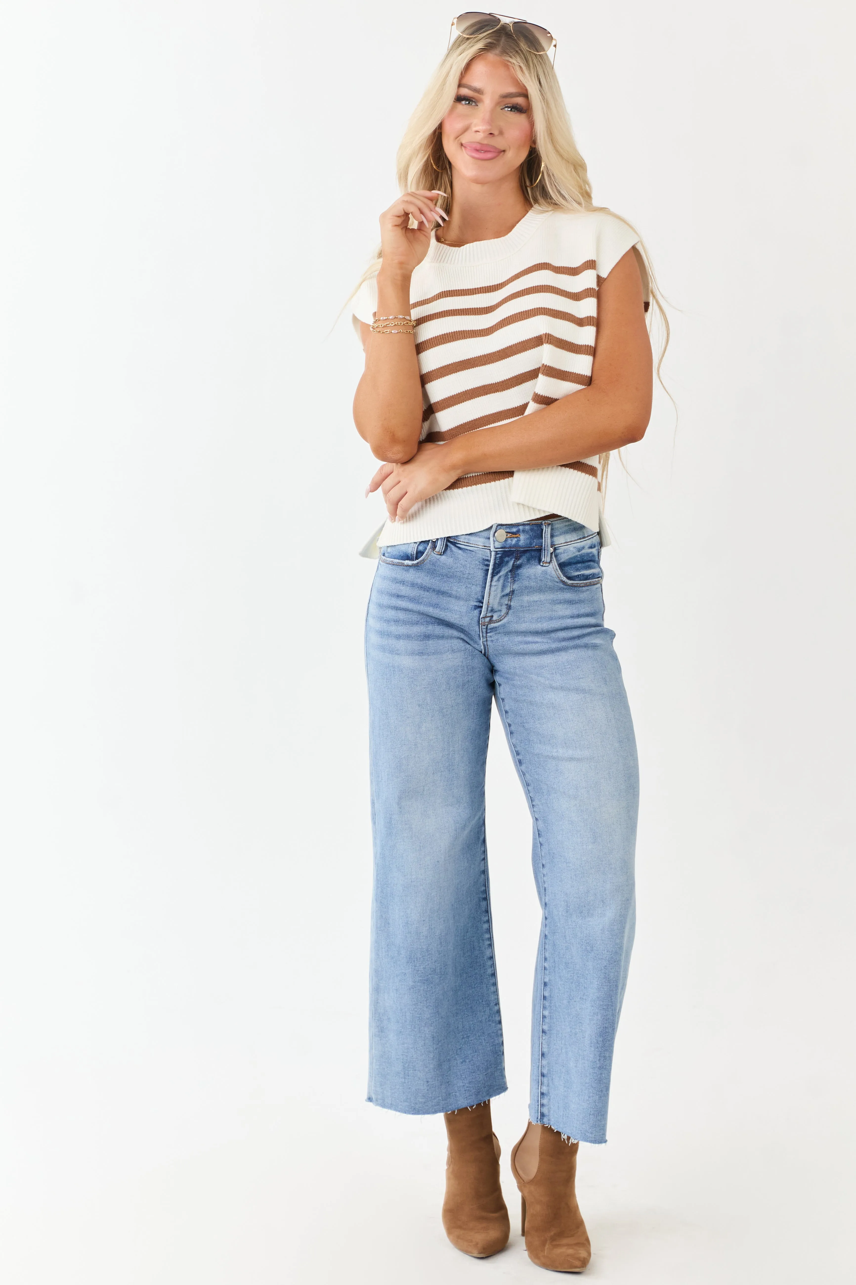 Cream and Sepia Striped Relaxed Sweater Vest sold by Lime Lush product image thumbnail 3