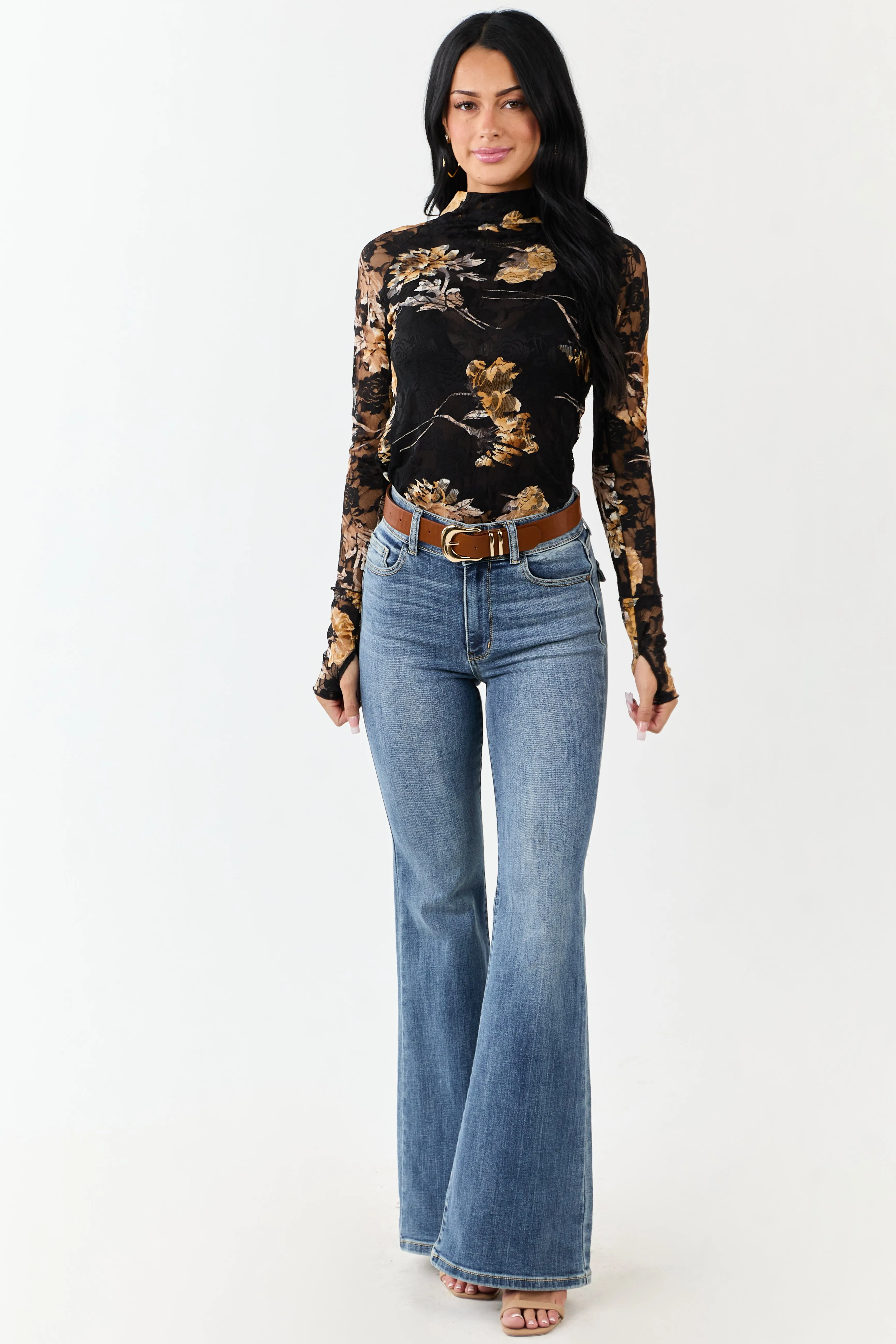 Black Floral Print Lace Mesh Long Sleeve Top sold by Lime Lush product image thumbnail 4