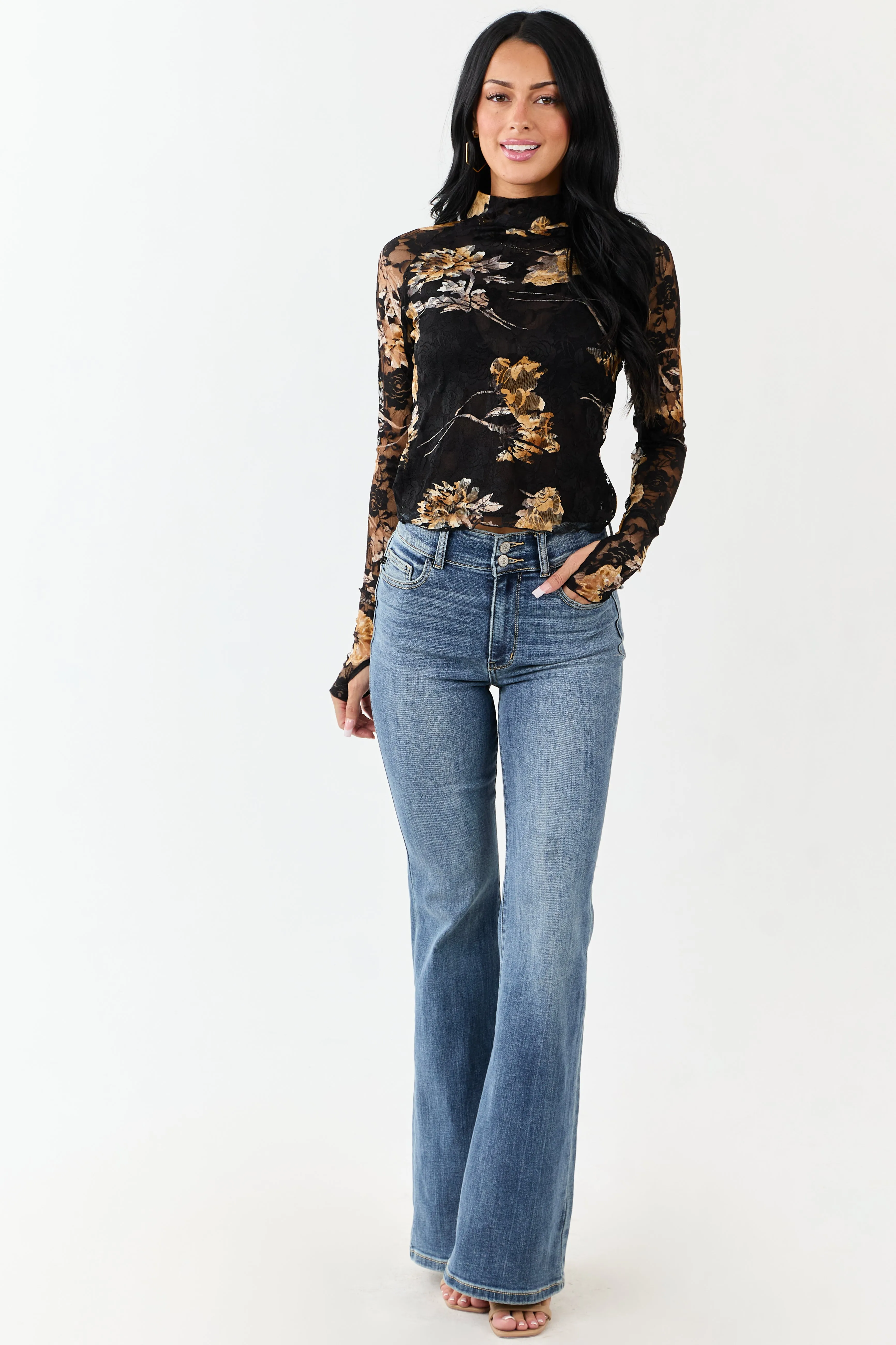 Black Floral Print Lace Mesh Long Sleeve Top sold by Lime Lush product image thumbnail 2