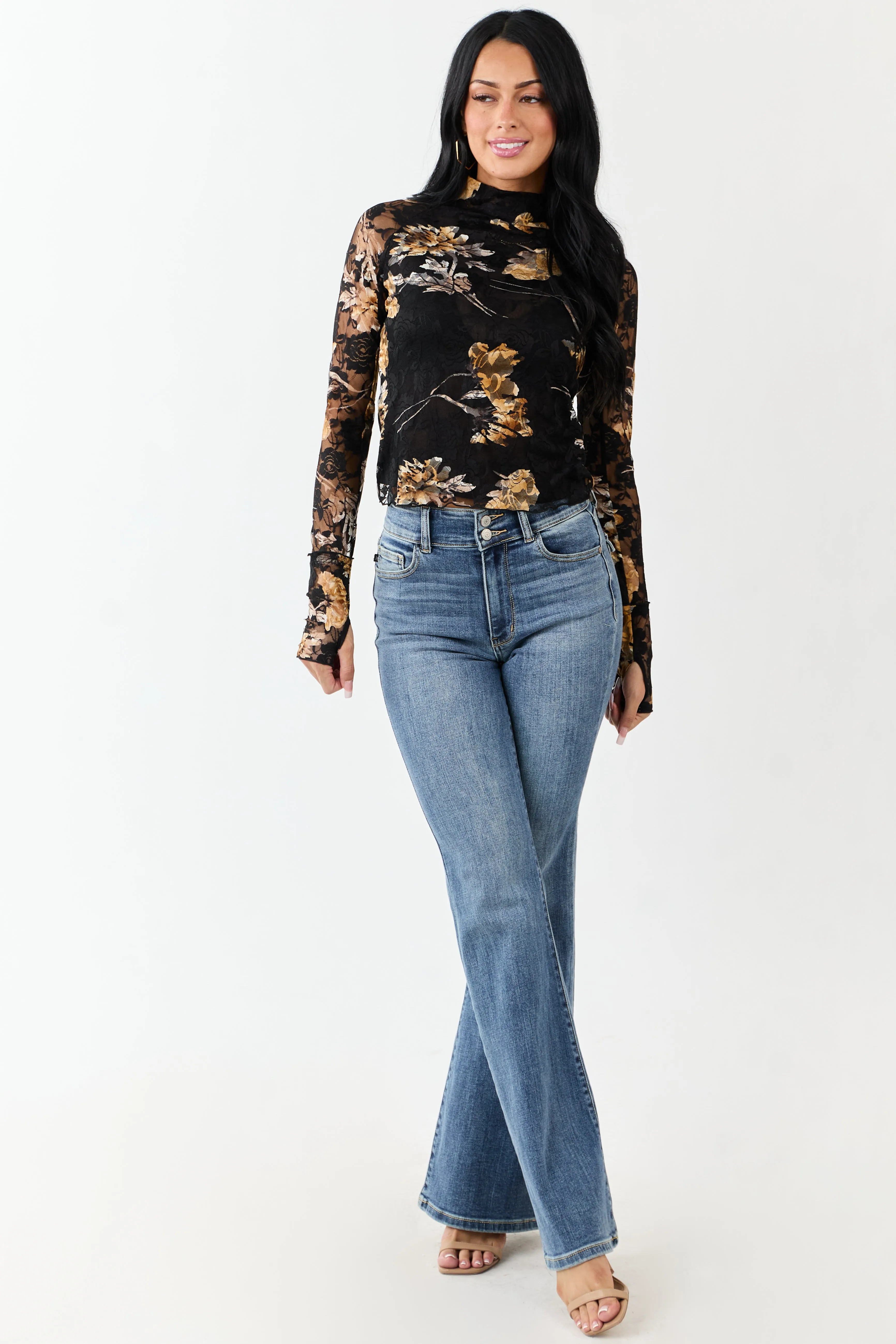 Black Floral Print Lace Mesh Long Sleeve Top sold by Lime Lush product image thumbnail 3