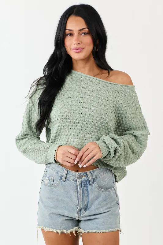 Sage Soft Textured Knit Round Neck Boxy Sweater sold by Lime Lush