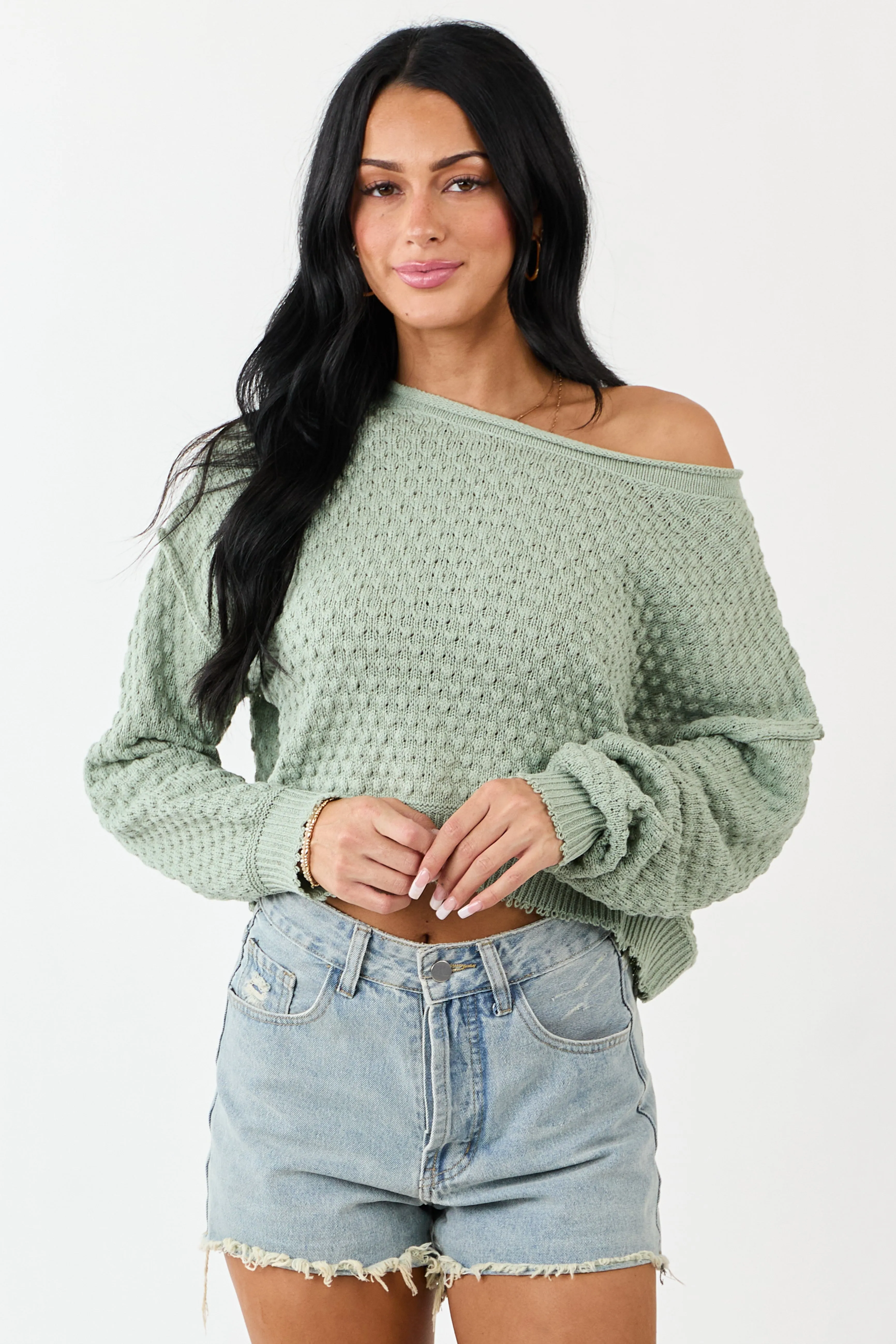 Sage Soft Textured Knit Round Neck Boxy Sweater sold by Lime Lush