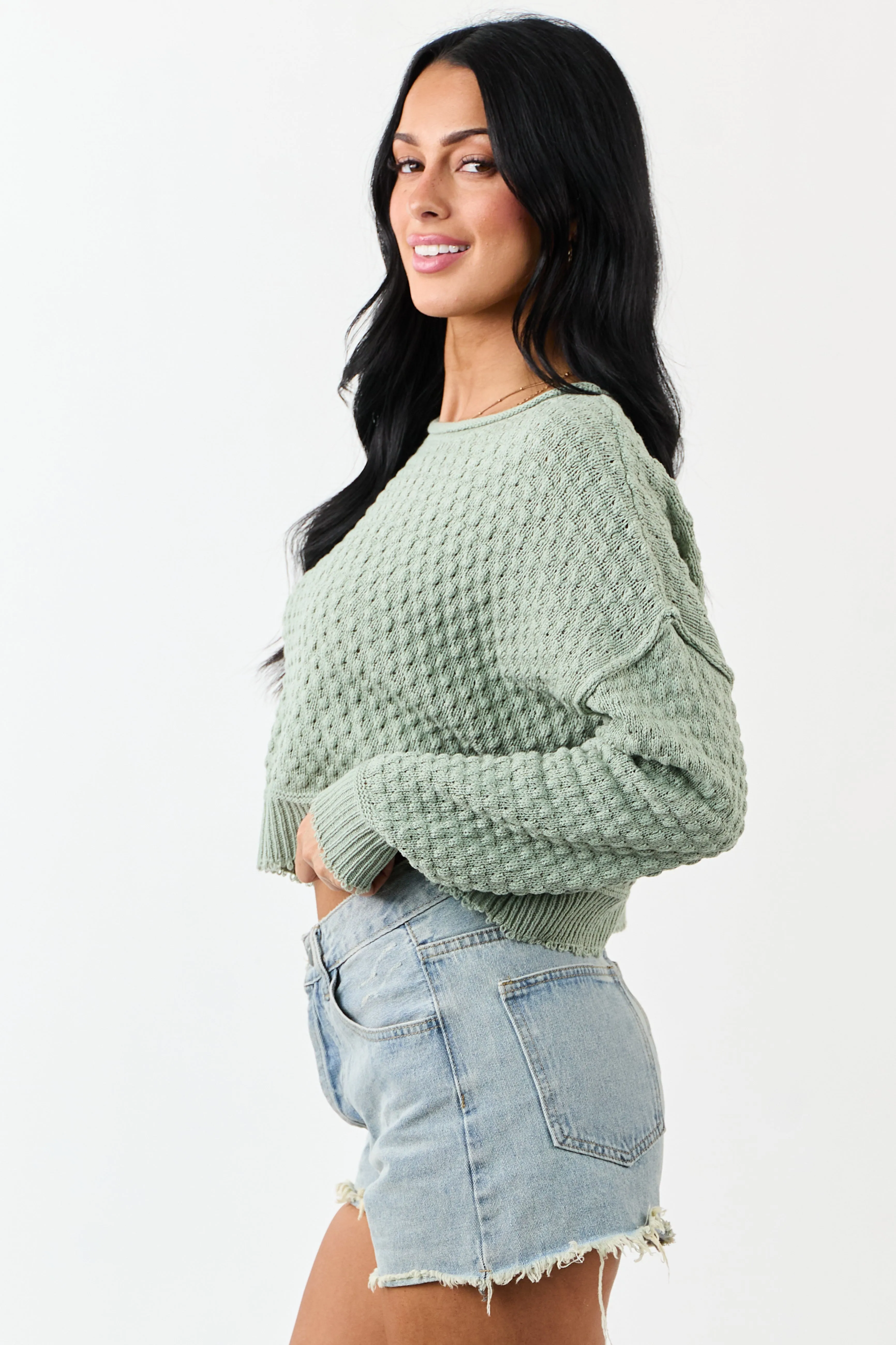 Sage Soft Textured Knit Round Neck Boxy Sweater sold by Lime Lush product image thumbnail 4