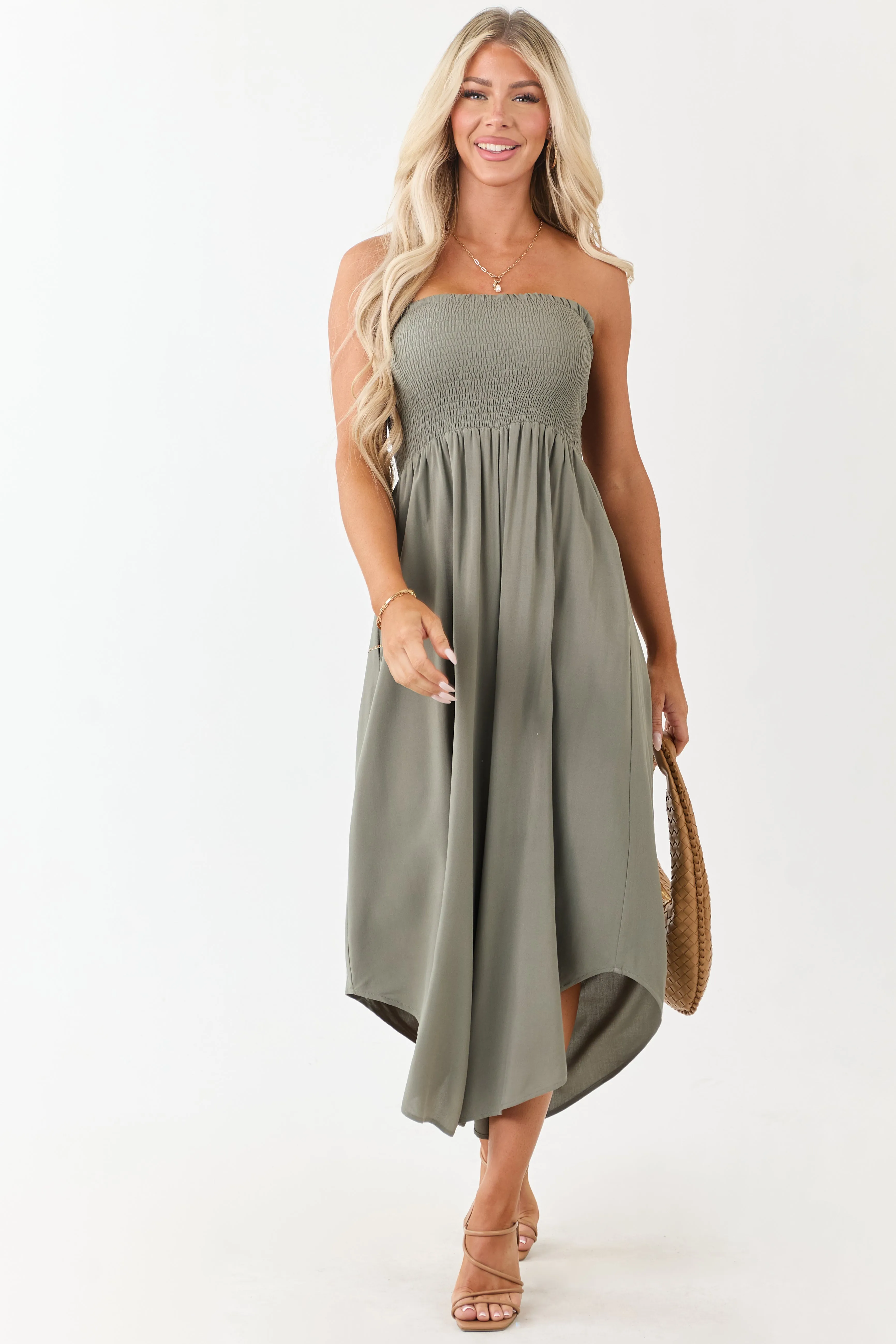 Olive Smocked Bodice Strapless Wide Leg Jumpsuit sold by Lime Lush product image thumbnail 3