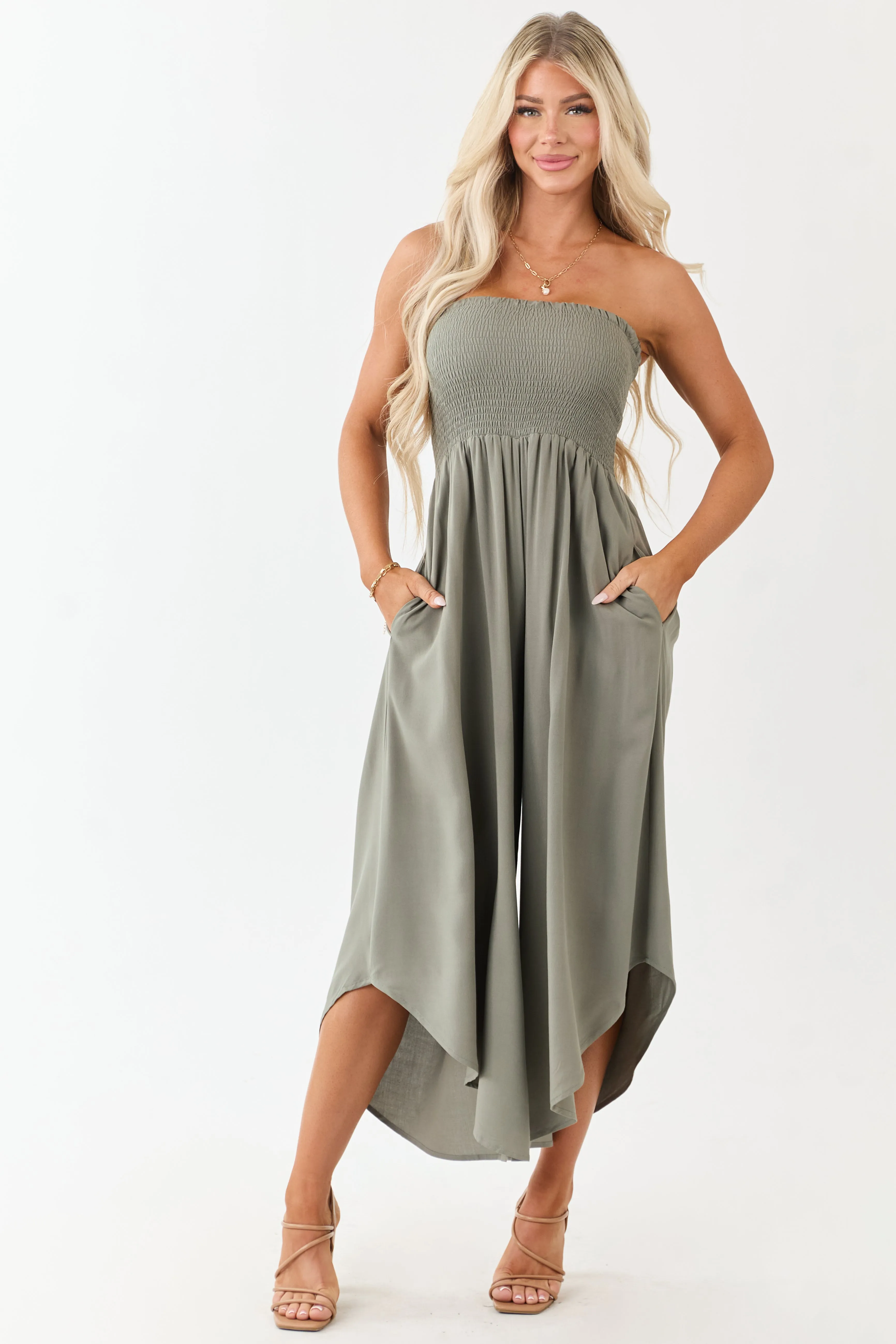 Olive Smocked Bodice Strapless Wide Leg Jumpsuit sold by Lime Lush