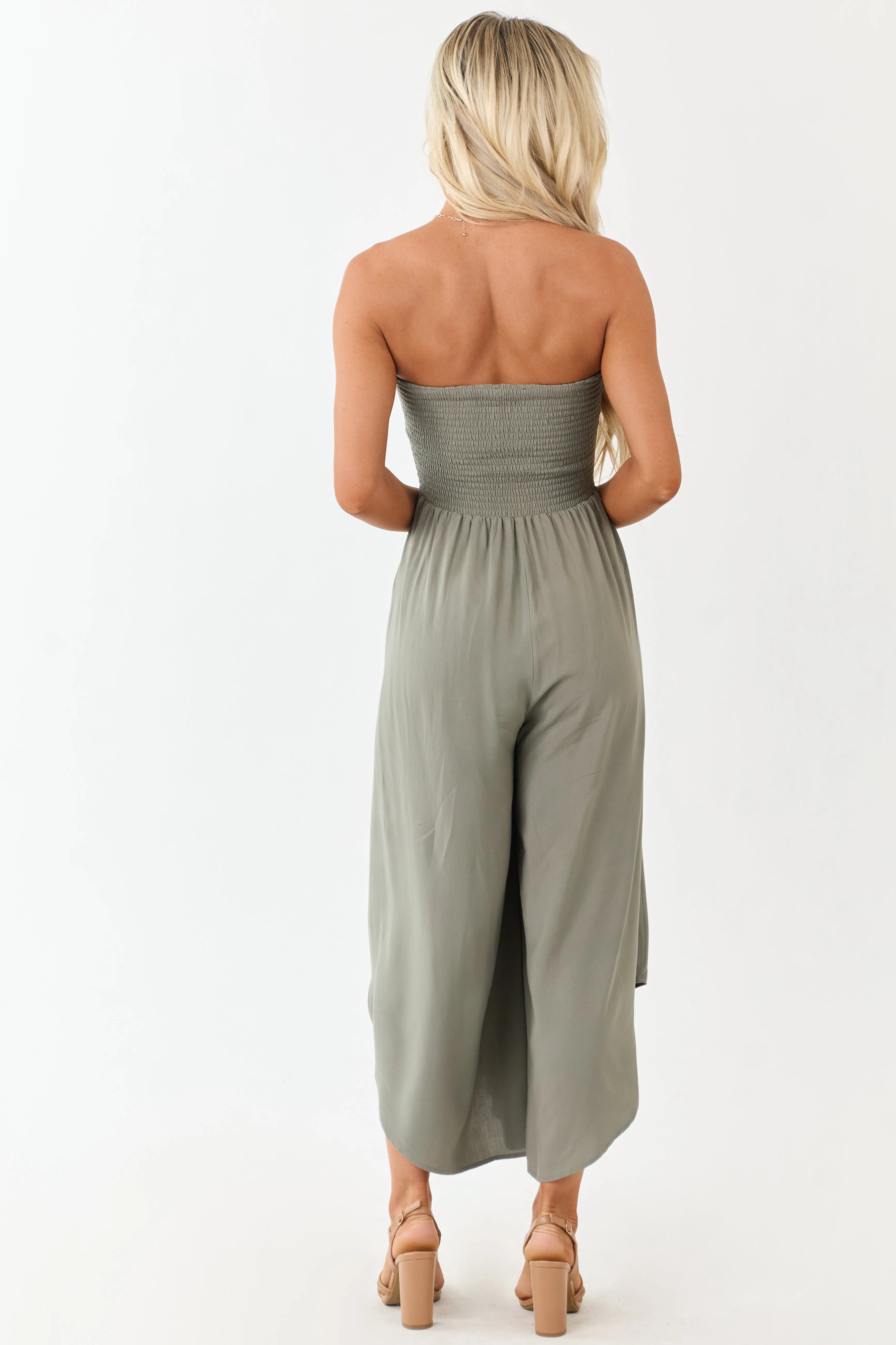 Olive Smocked Bodice Strapless Wide Leg Jumpsuit sold by Lime Lush product image thumbnail 5