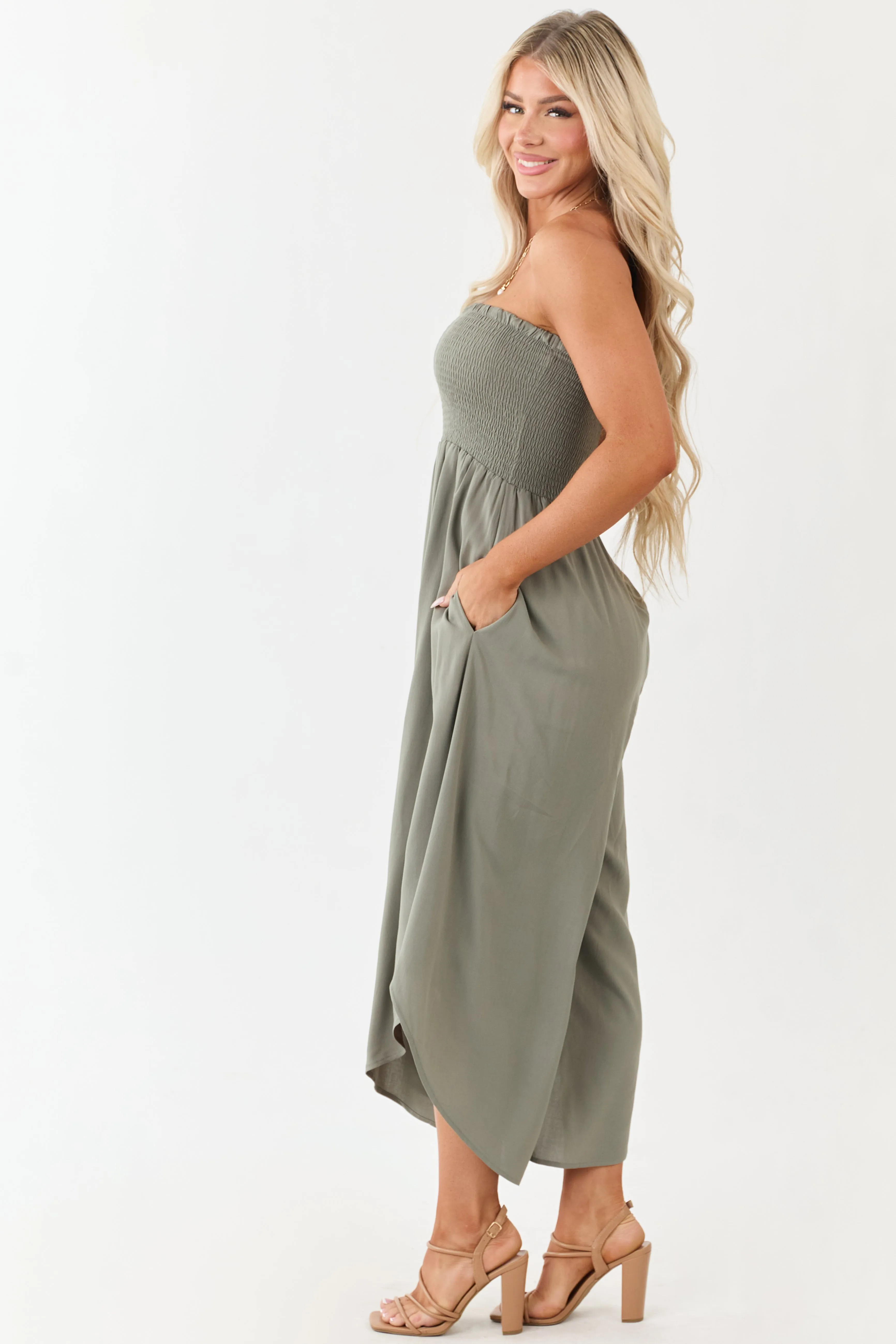 Olive Smocked Bodice Strapless Wide Leg Jumpsuit sold by Lime Lush product image thumbnail 4