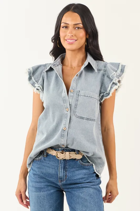 Medium Wash Denim Button Down Ruffle Cap Sleeve Top sold by Lime Lush