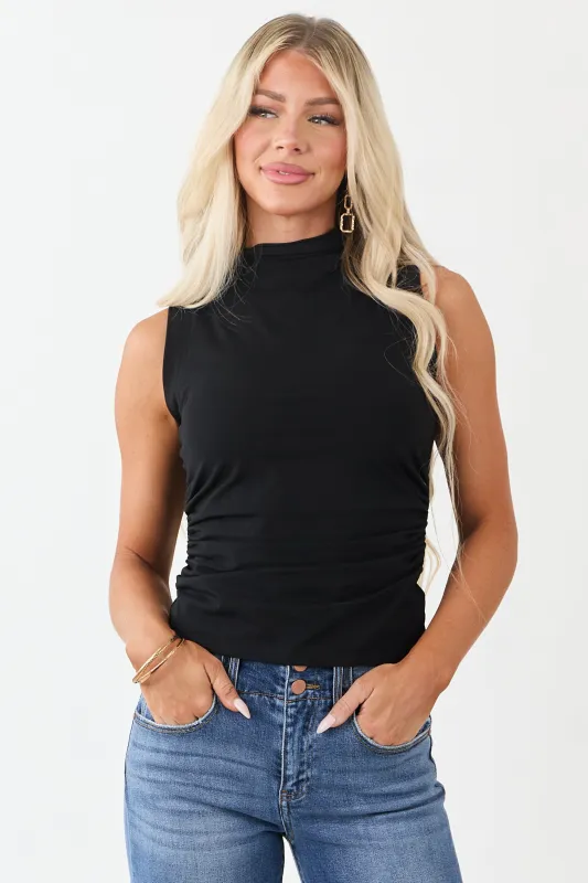 Black Mock Neck Ruched Knit Tank Top sold by Lime Lush