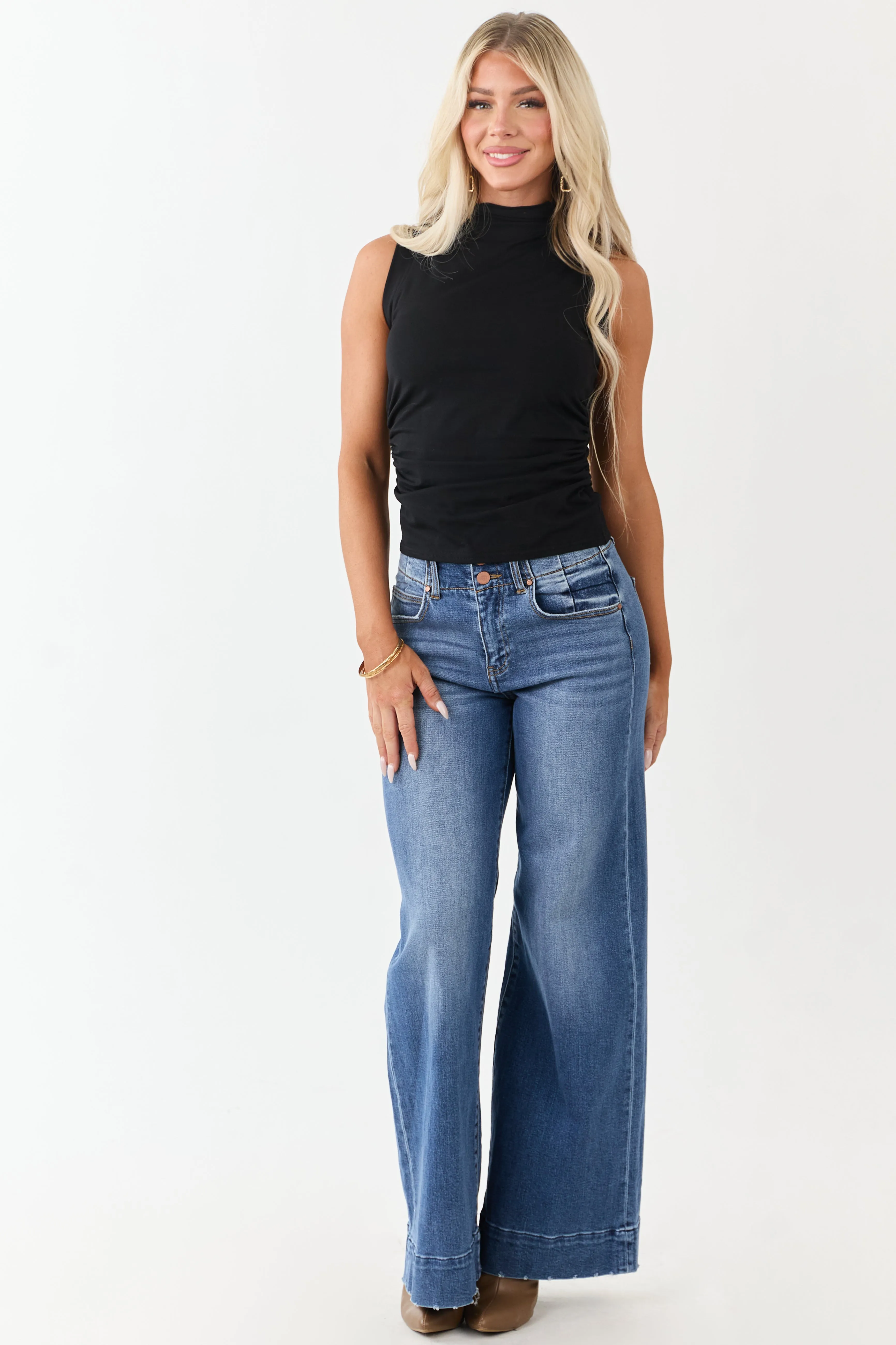 Black Mock Neck Ruched Knit Tank Top sold by Lime Lush product image thumbnail 2