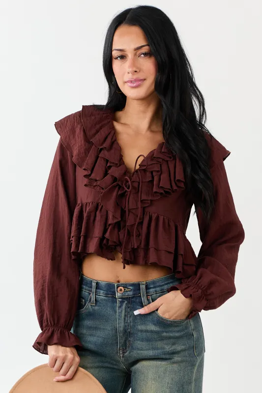 Deep Sienna Front Tie Ruffled Long Sleeve Top made by Le Lis