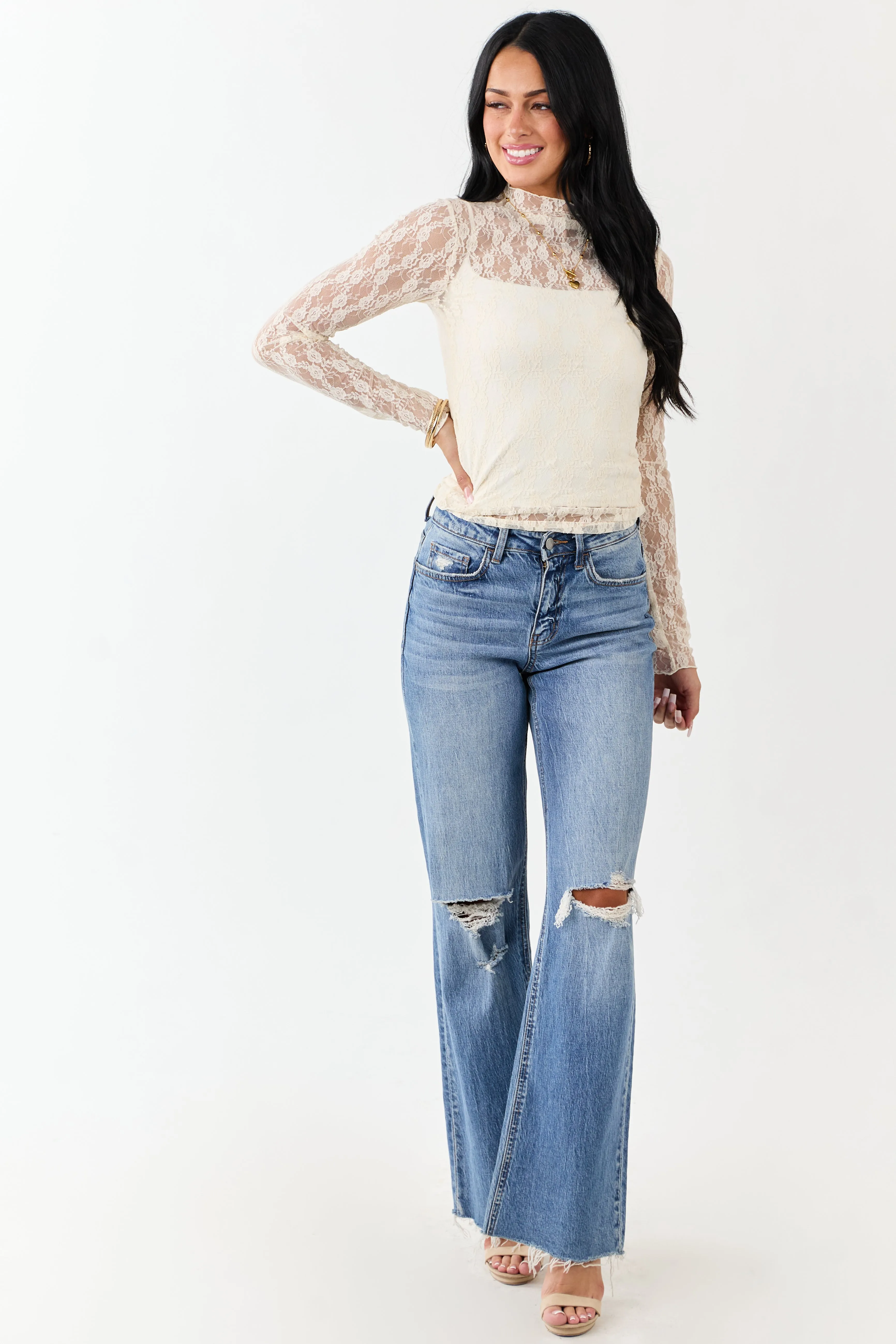 Cream High Neck Long Sleeve Mesh Top sold by Lime Lush product image thumbnail 3