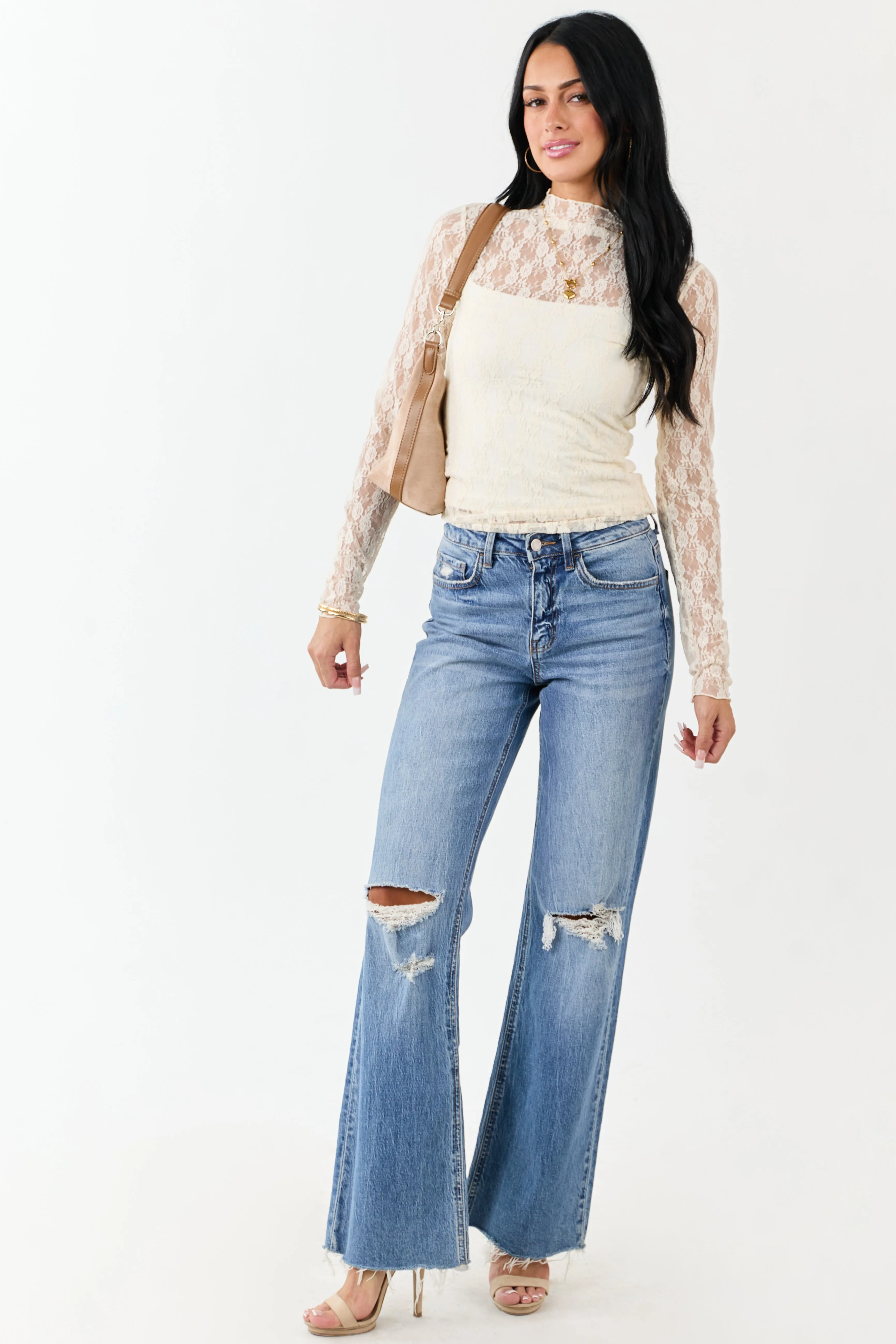 Cream High Neck Long Sleeve Mesh Top sold by Lime Lush product image thumbnail 2
