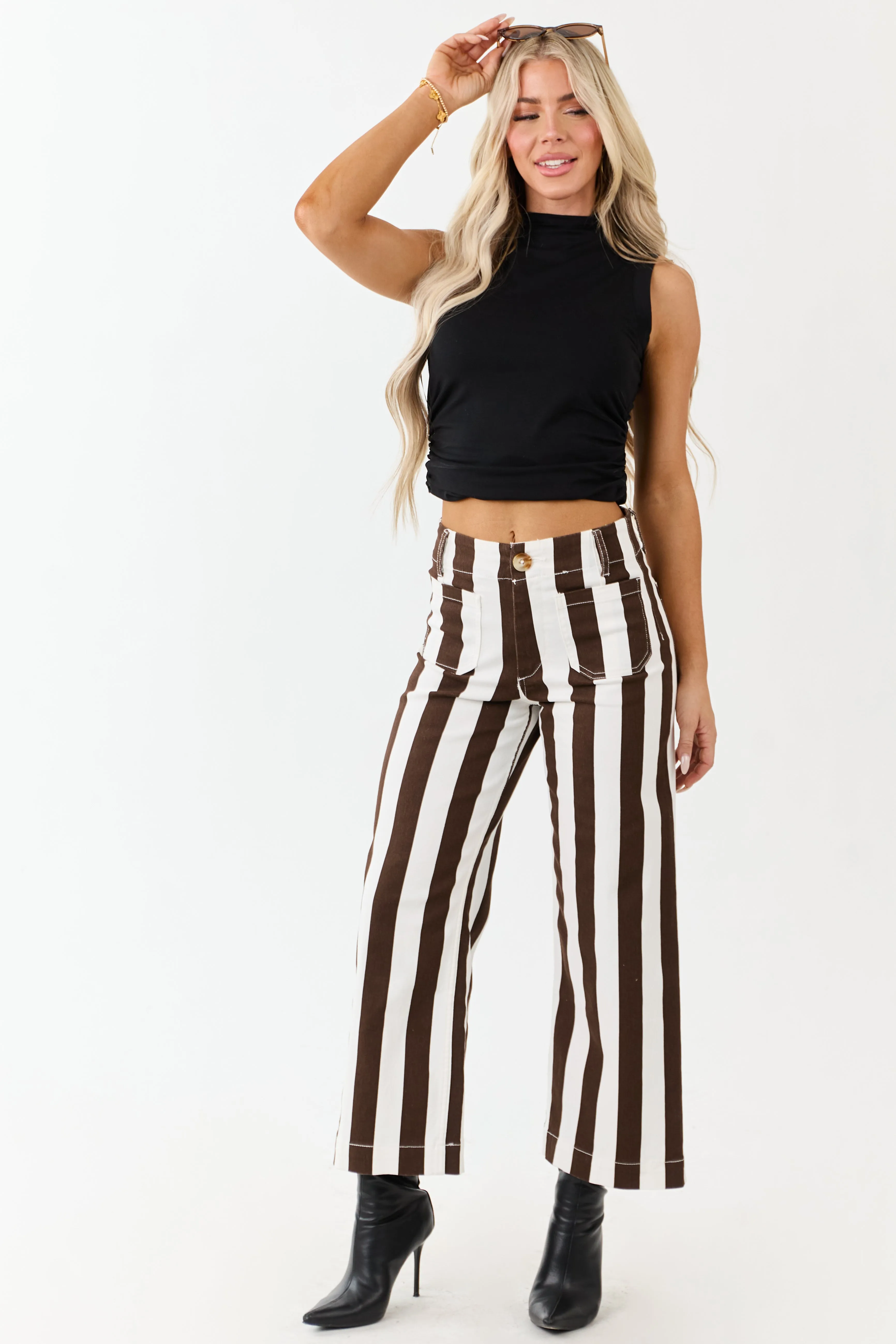 Mica Denim Cocoa Striped Wide Stretchy Crop Jeans sold by Lime Lush product image thumbnail 5