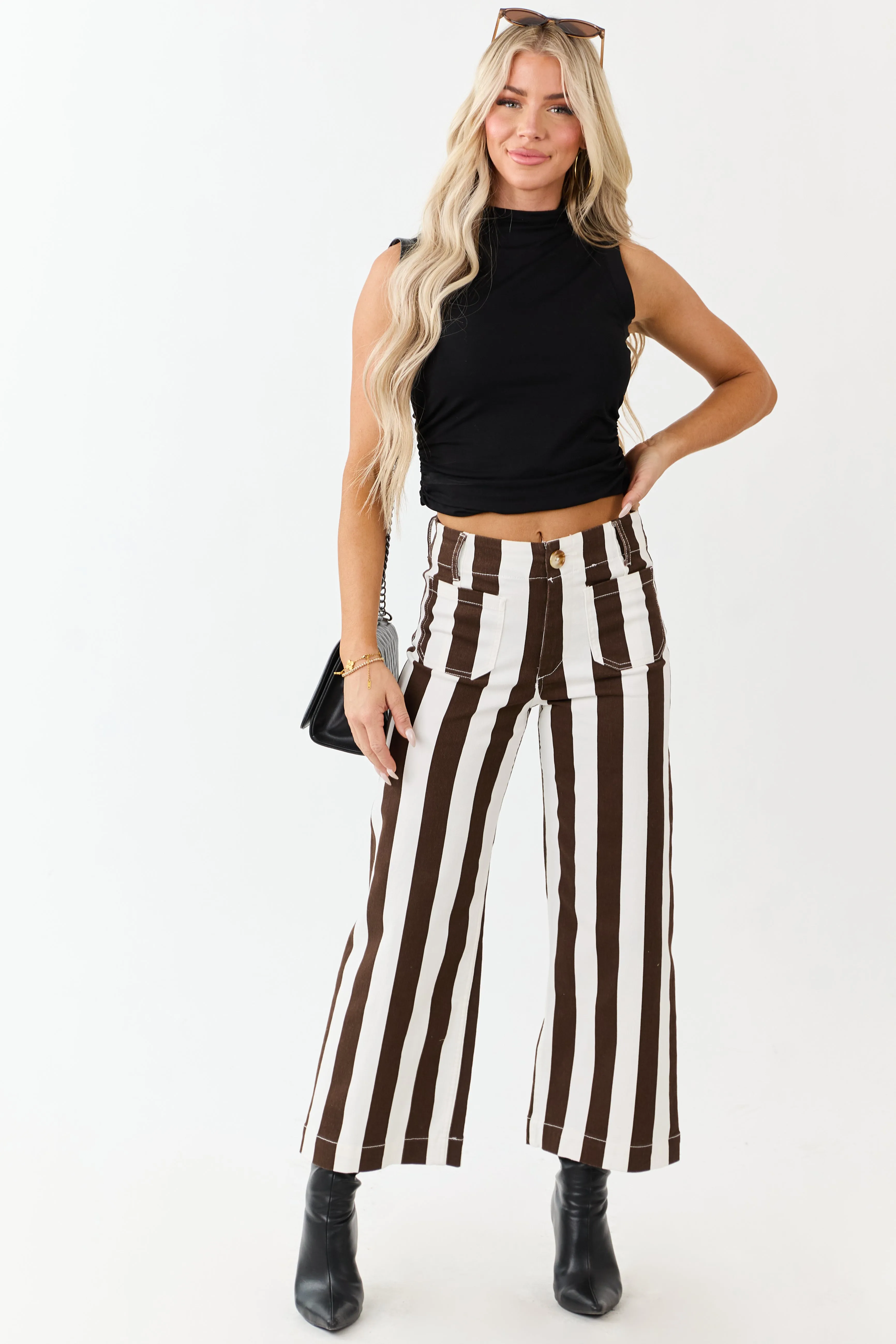 Mica Denim Cocoa Striped Wide Stretchy Crop Jeans sold by Lime Lush