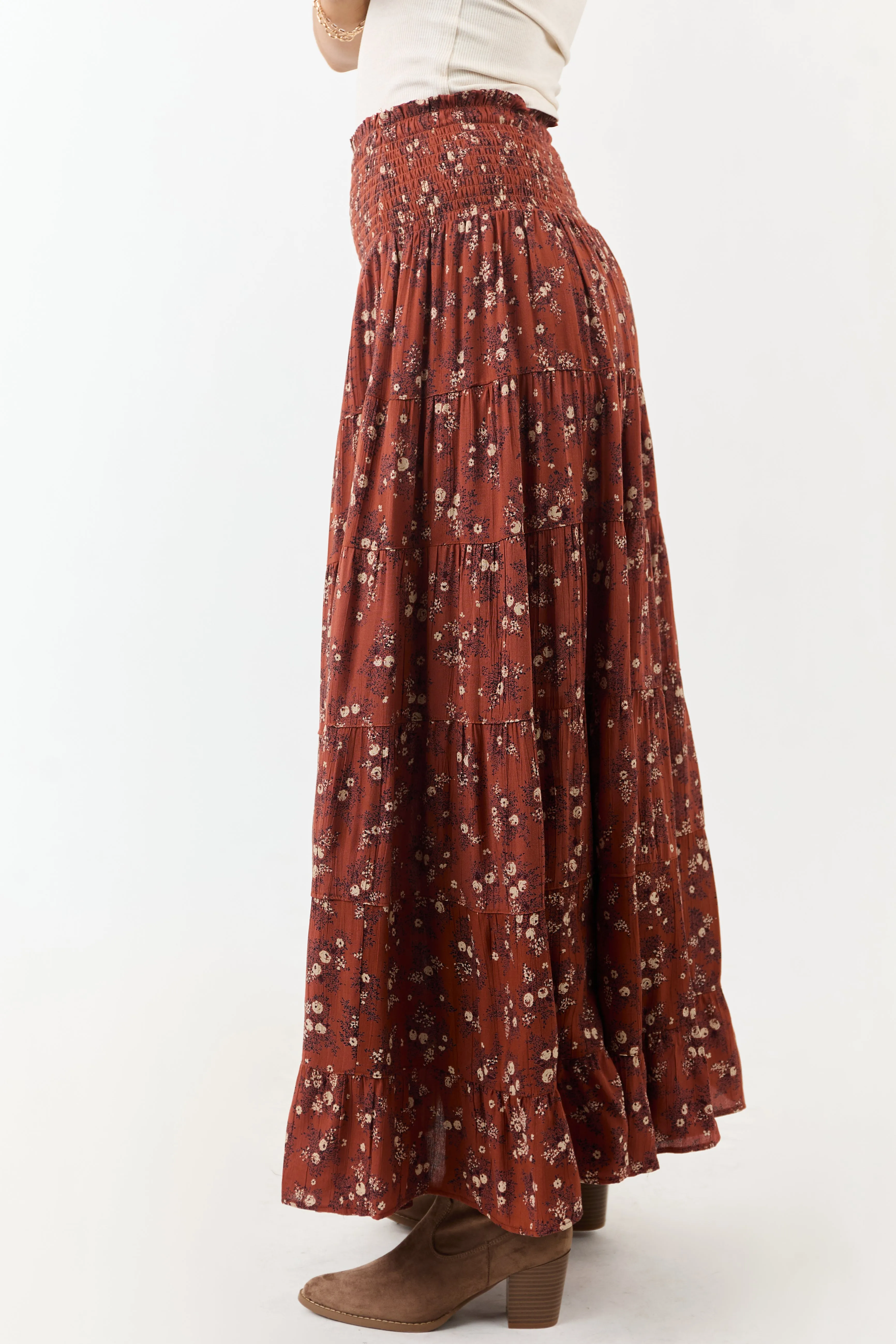 Rust Floral Print Smocked Waist Maxi Skirt sold by Lime Lush product image thumbnail 5