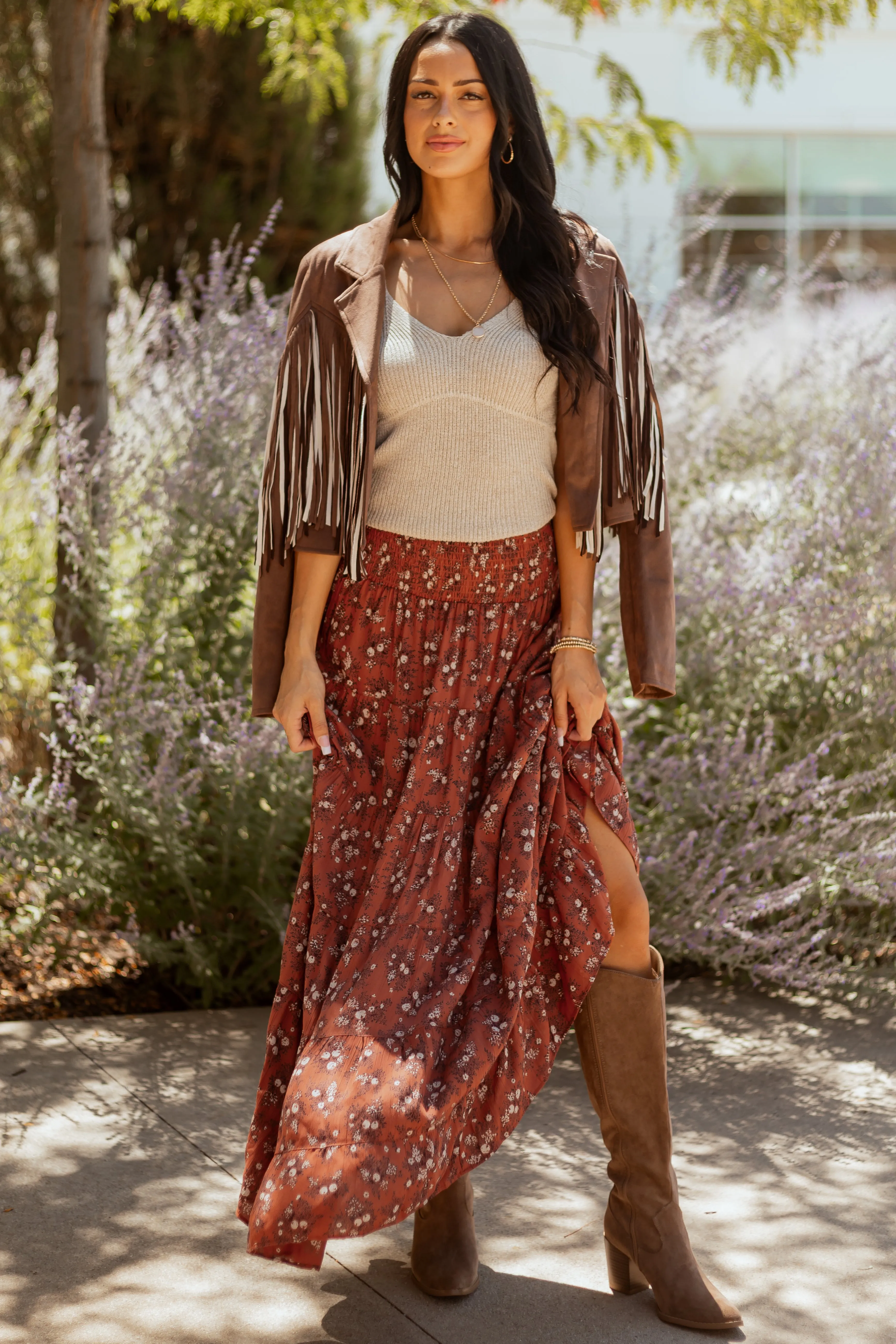 Rust Floral Print Smocked Waist Maxi Skirt sold by Lime Lush product image thumbnail 2