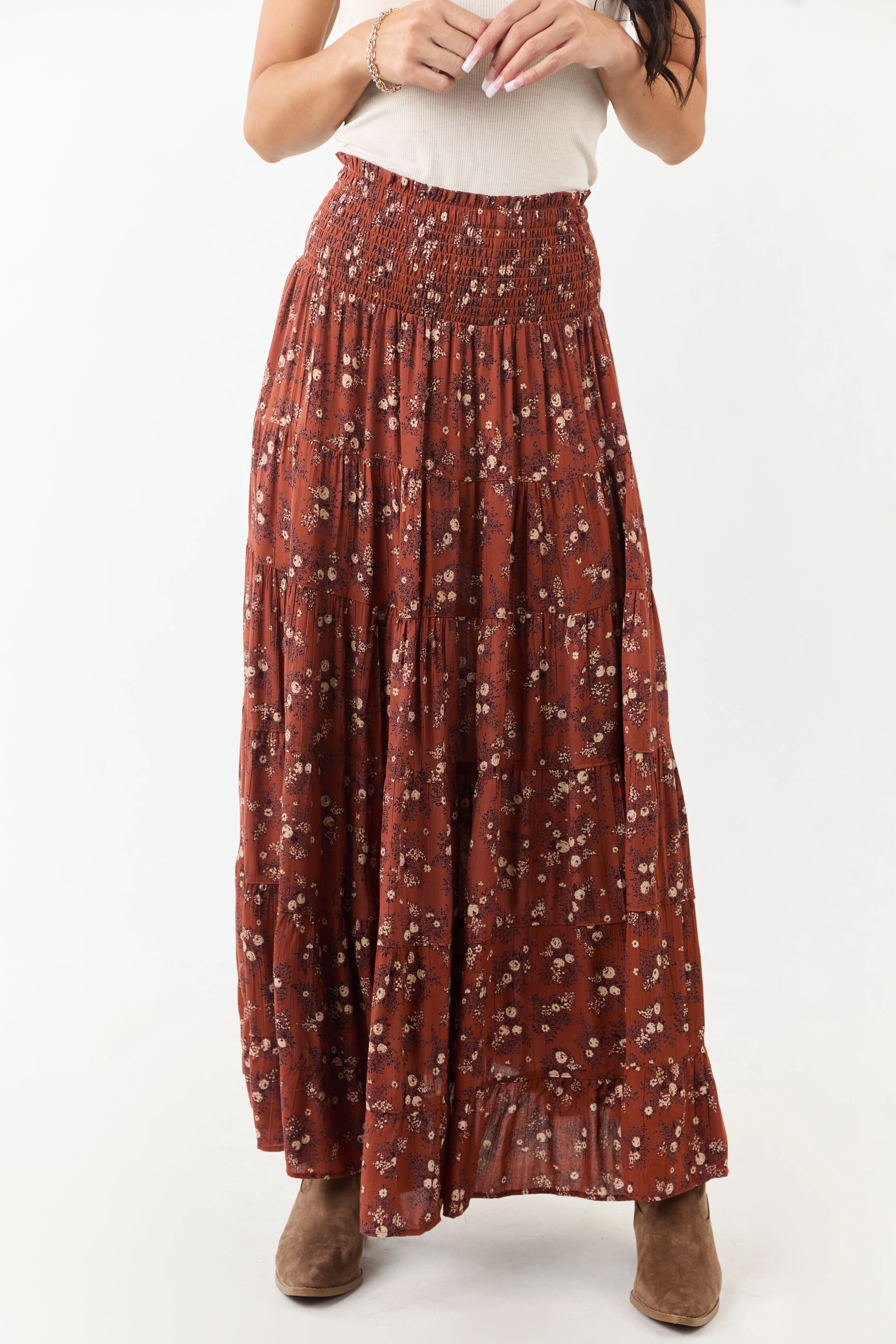 Rust Floral Print Smocked Waist Maxi Skirt sold by Lime Lush product image thumbnail 4
