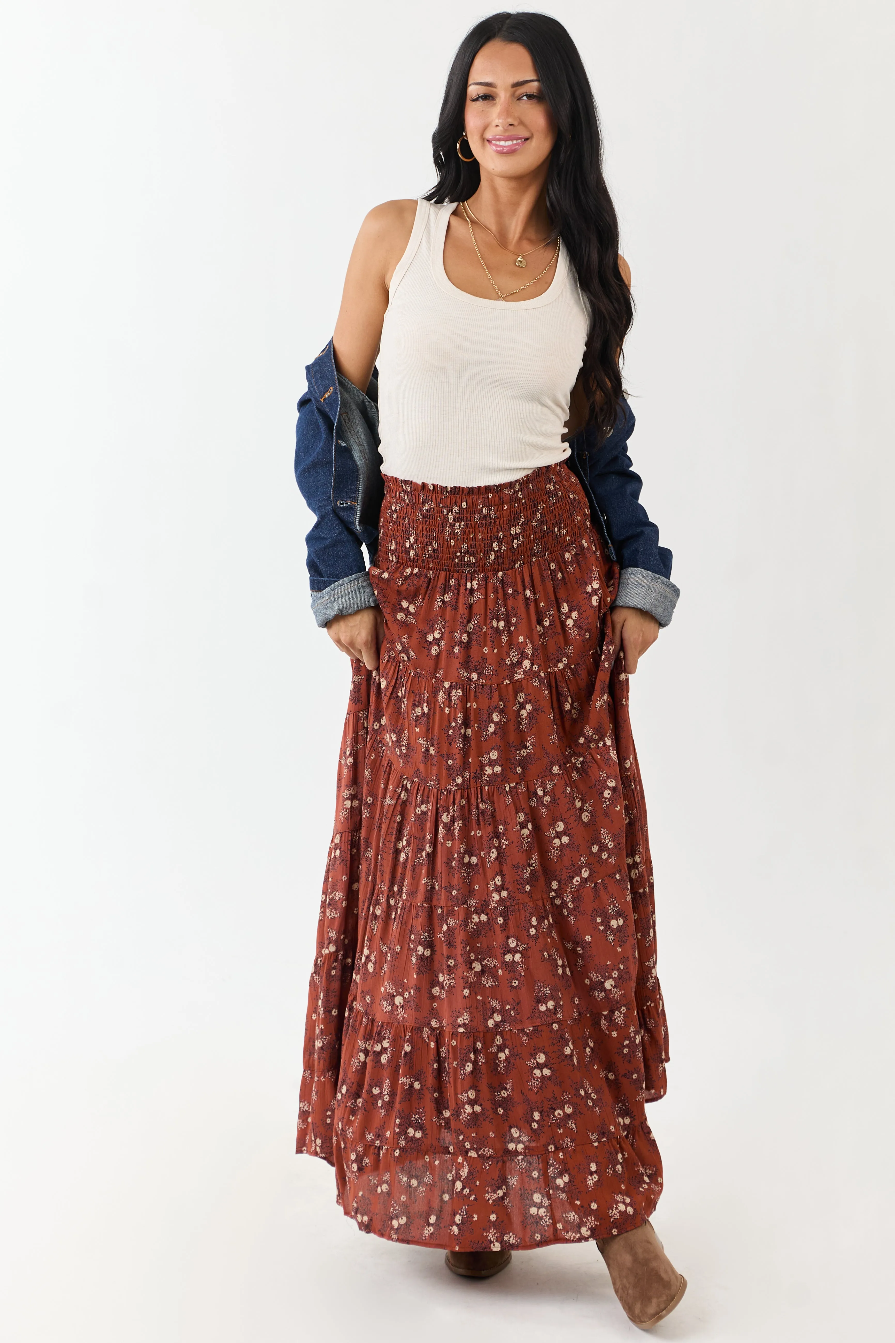 Rust Floral Print Smocked Waist Maxi Skirt sold by Lime Lush product image thumbnail 3
