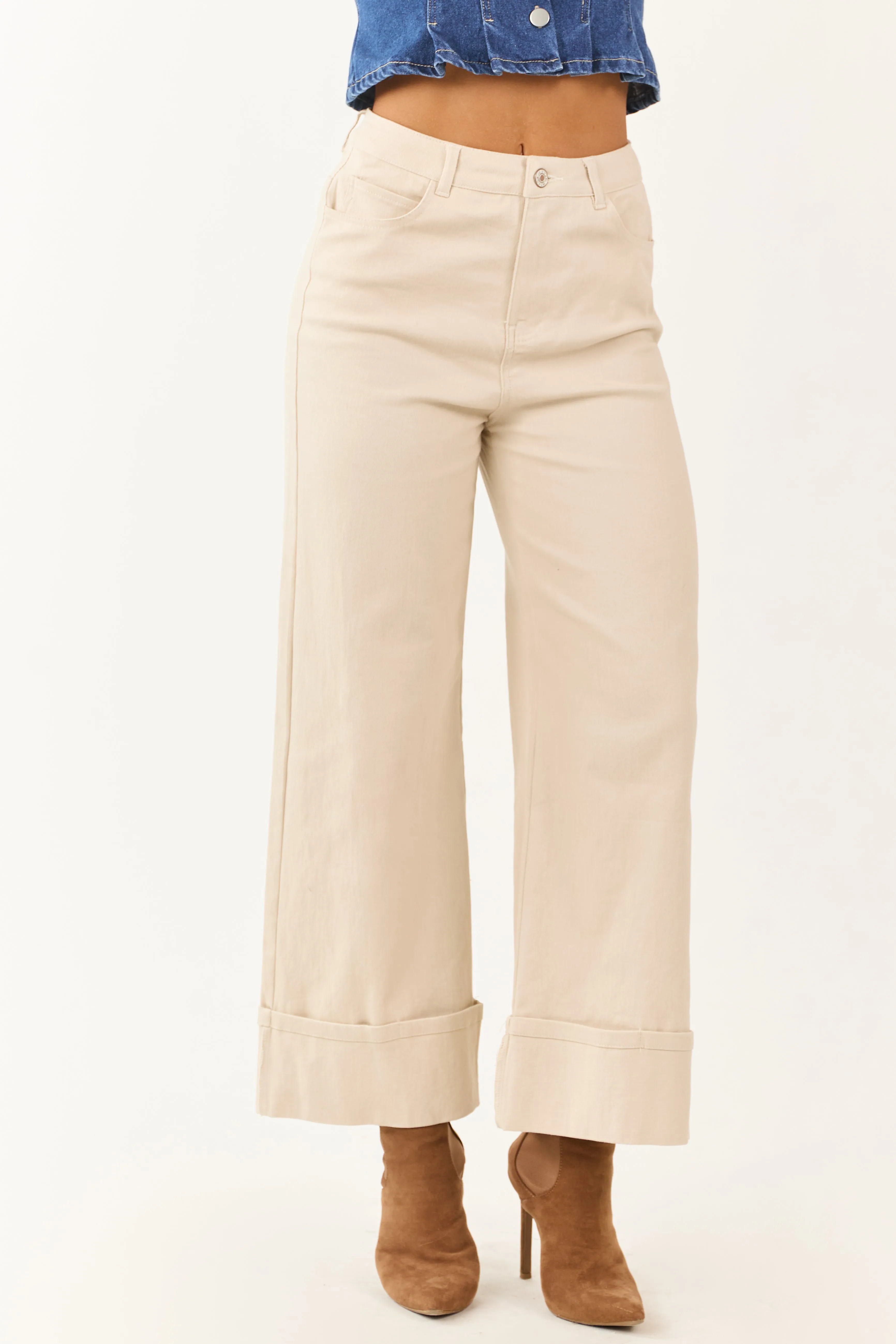 Entro Almond High Rise Cuffed Wide Leg Stretchy Jeans sold by Lime Lush product image thumbnail 2
