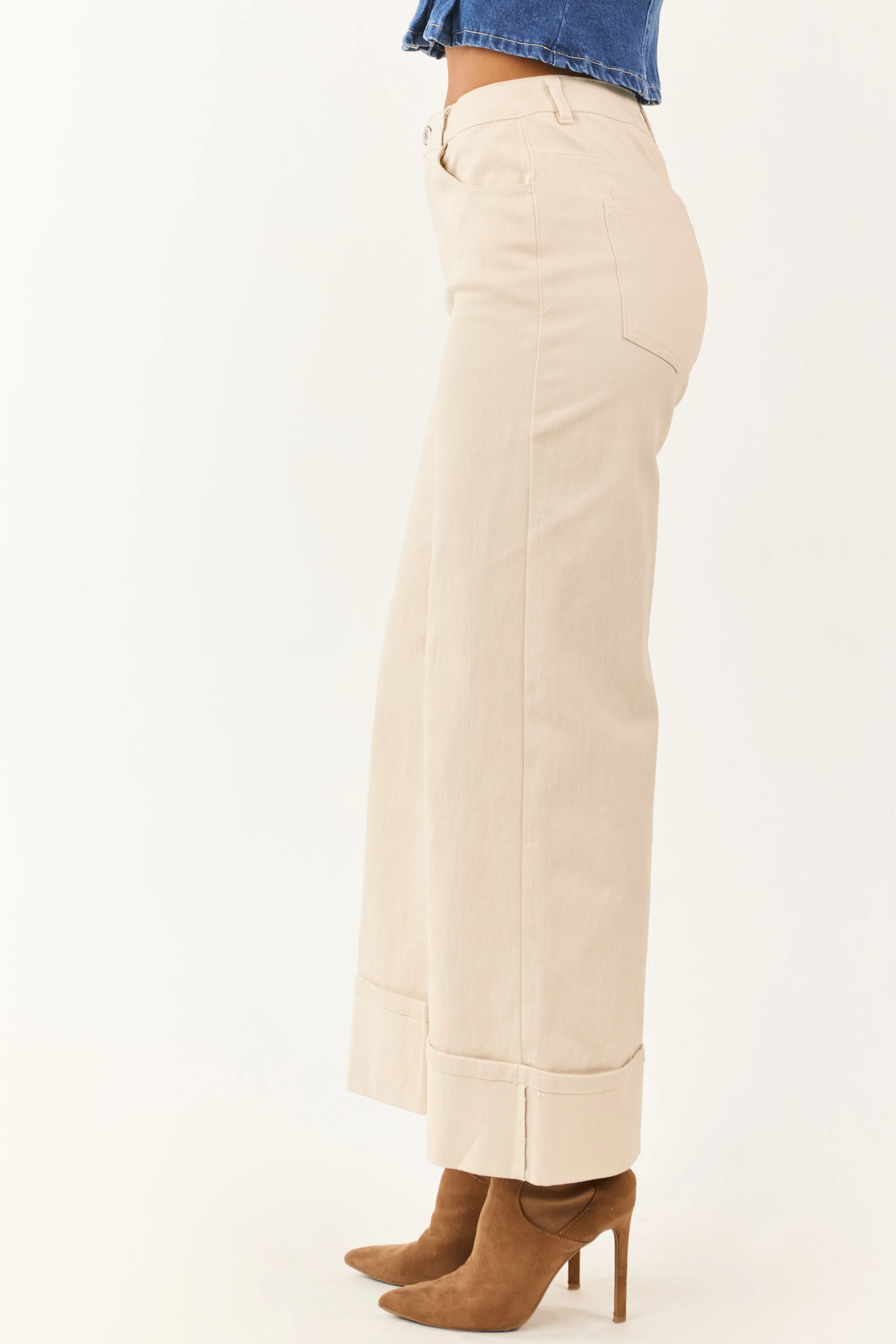 Entro Almond High Rise Cuffed Wide Leg Stretchy Jeans sold by Lime Lush product image thumbnail 3