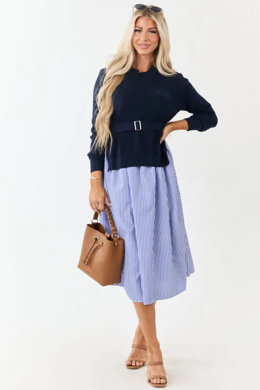 Navy Mock Neck Sweater Overlay Striped Midi Dress made by HEYSON