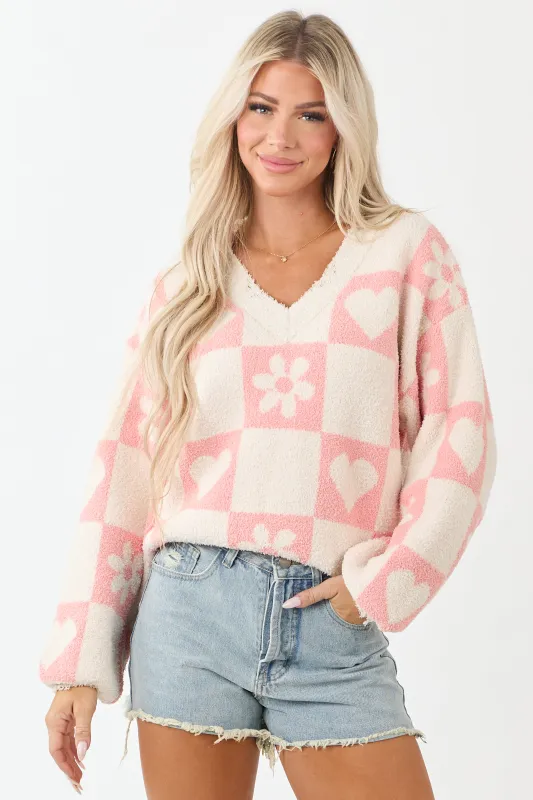 POL Cream and Coral Checkered V Neck Knit Sweater sold by Lime Lush
