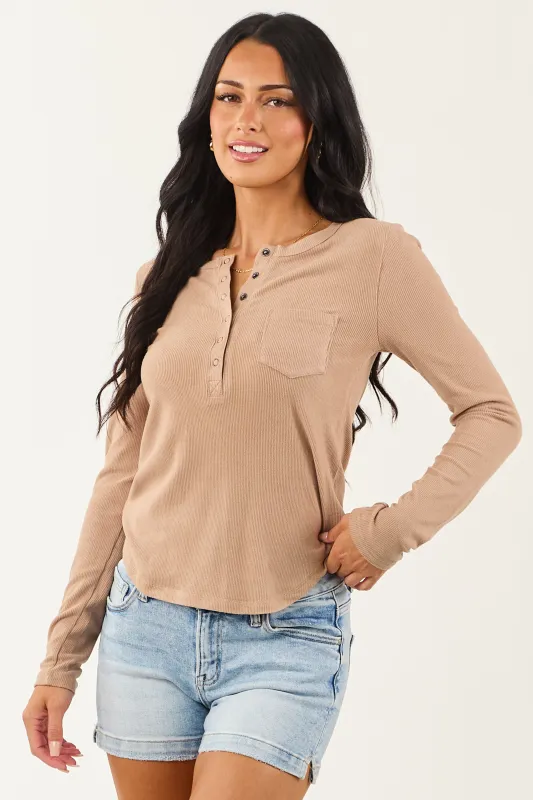 Latte Henley Soft Rib Knit Long Sleeve Top sold by Lime Lush