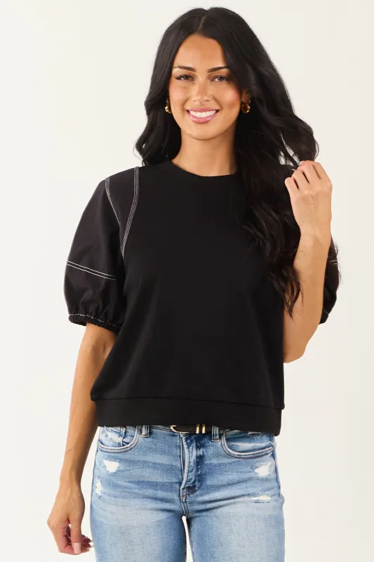 Entro Black Half Puff Sleeve Contrast Seam Cotton Top made by entro