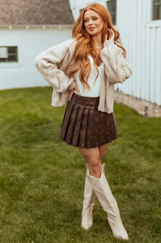 Walnut Faux Leather Pleated Mini Skort sold by Lime Lush