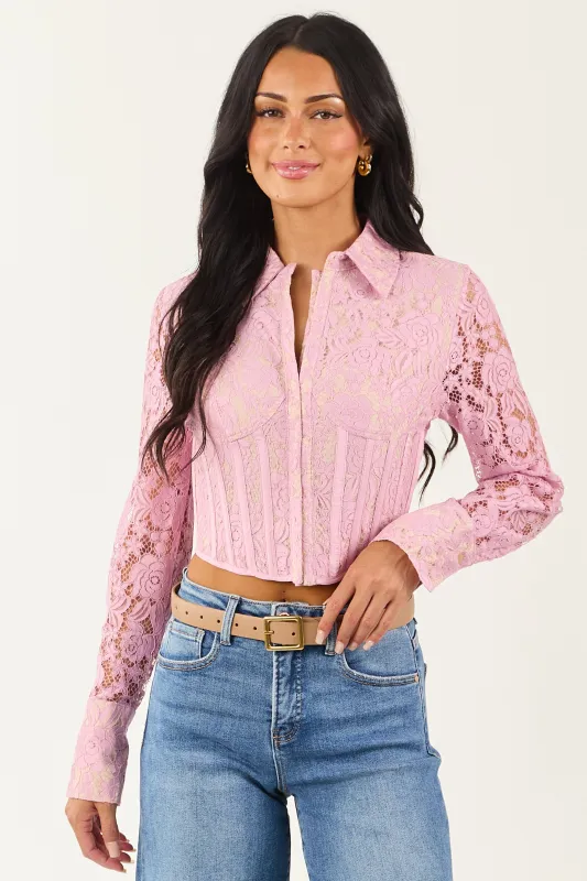 Mauve Floral Lace Button Down Corset Long Sleeve Top made by Fore Collection