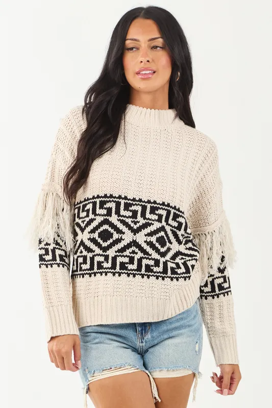 Vanilla Geometric Pattern Fringe Sleeve Knit Sweater sold by Lime Lush