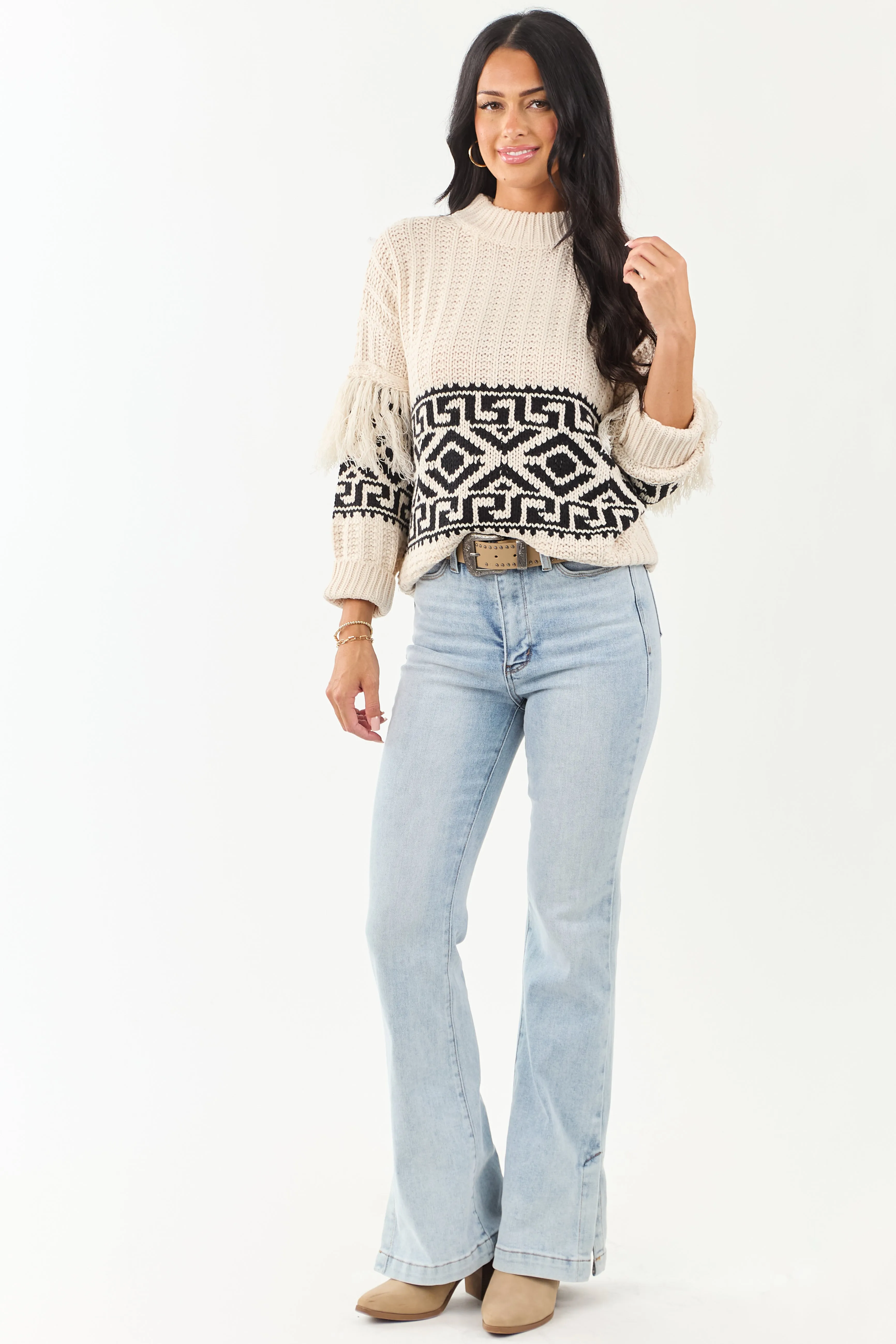 Vanilla Geometric Pattern Fringe Sleeve Knit Sweater sold by Lime Lush product image thumbnail 4