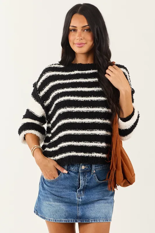 Black and White Striped Soft Fuzzy Knit Sweater sold by Lime Lush