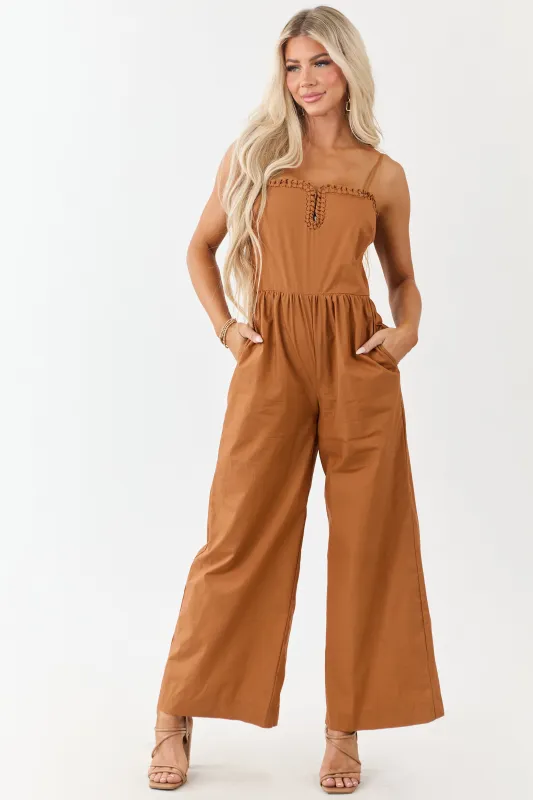 Sandstone Braided Notch Neck Wide Leg Cotton Jumpsuit sold by Lime Lush