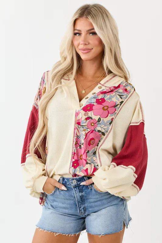 Cream Colorblock Floral Print Hooded Long Sleeve Top sold by Lime Lush