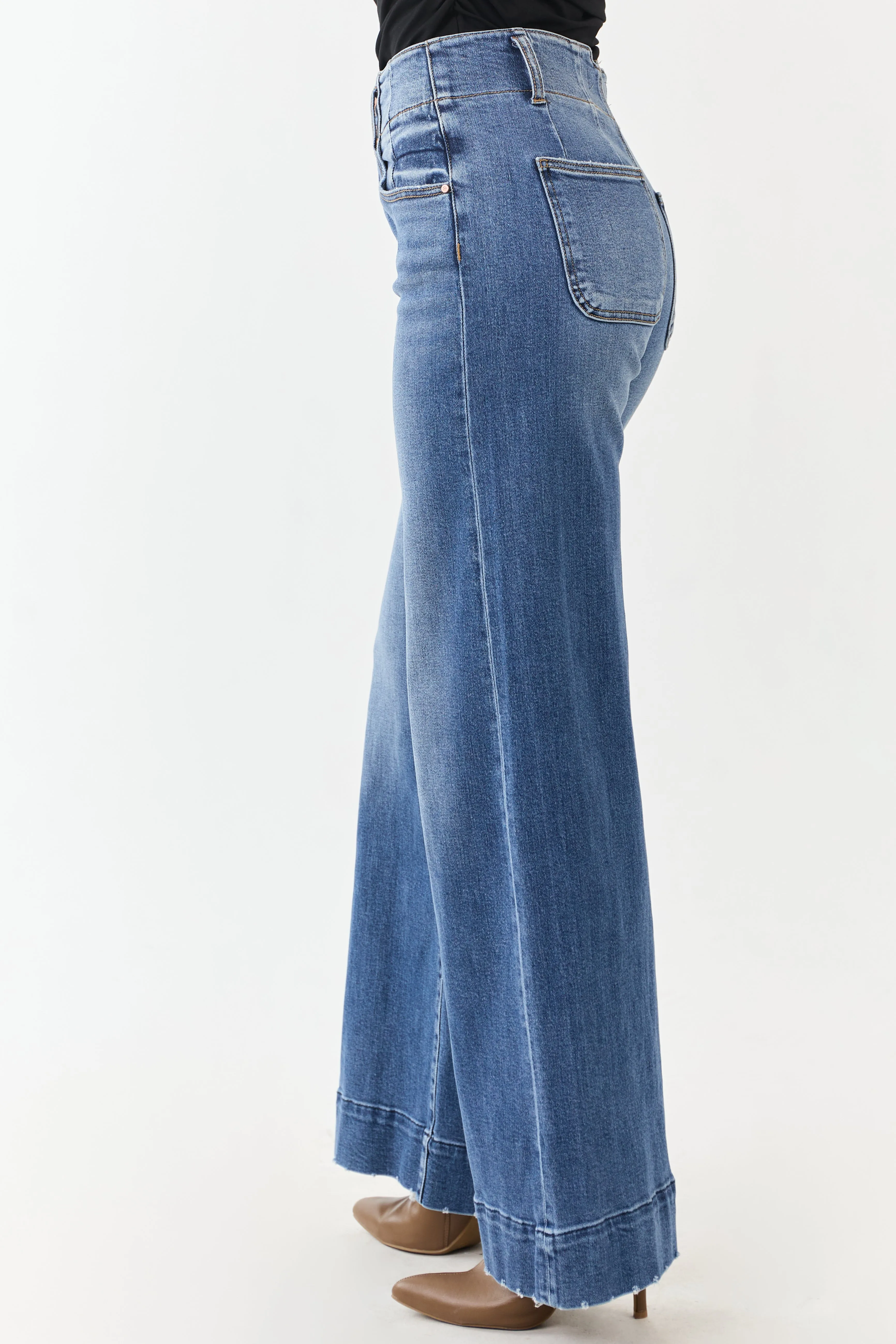 Risen Dark Wash Waist Seam Wide Leg Stretchy Jeans sold by Lime Lush product image thumbnail 4