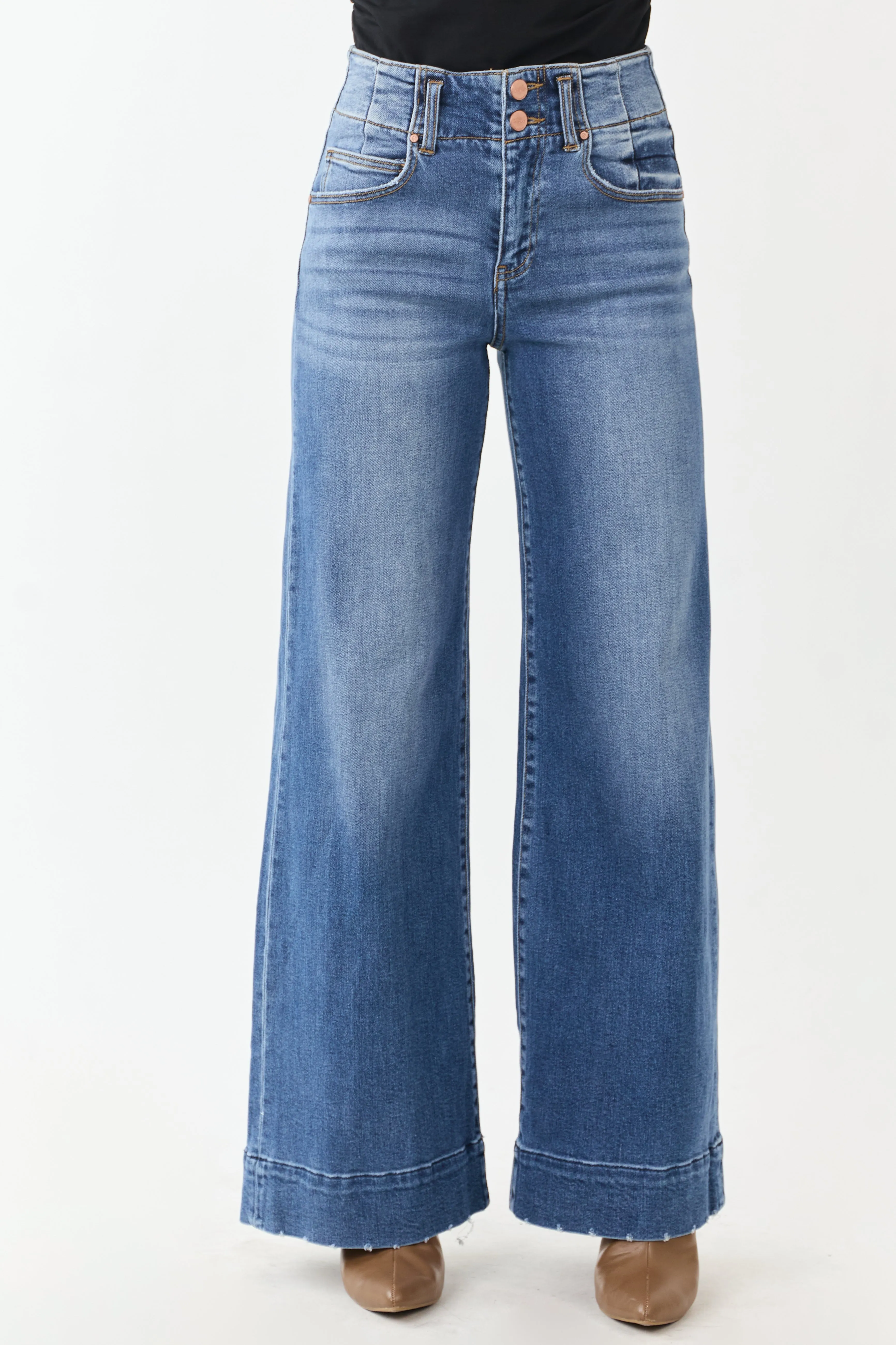 Risen Dark Wash Waist Seam Wide Leg Stretchy Jeans sold by Lime Lush product image thumbnail 3